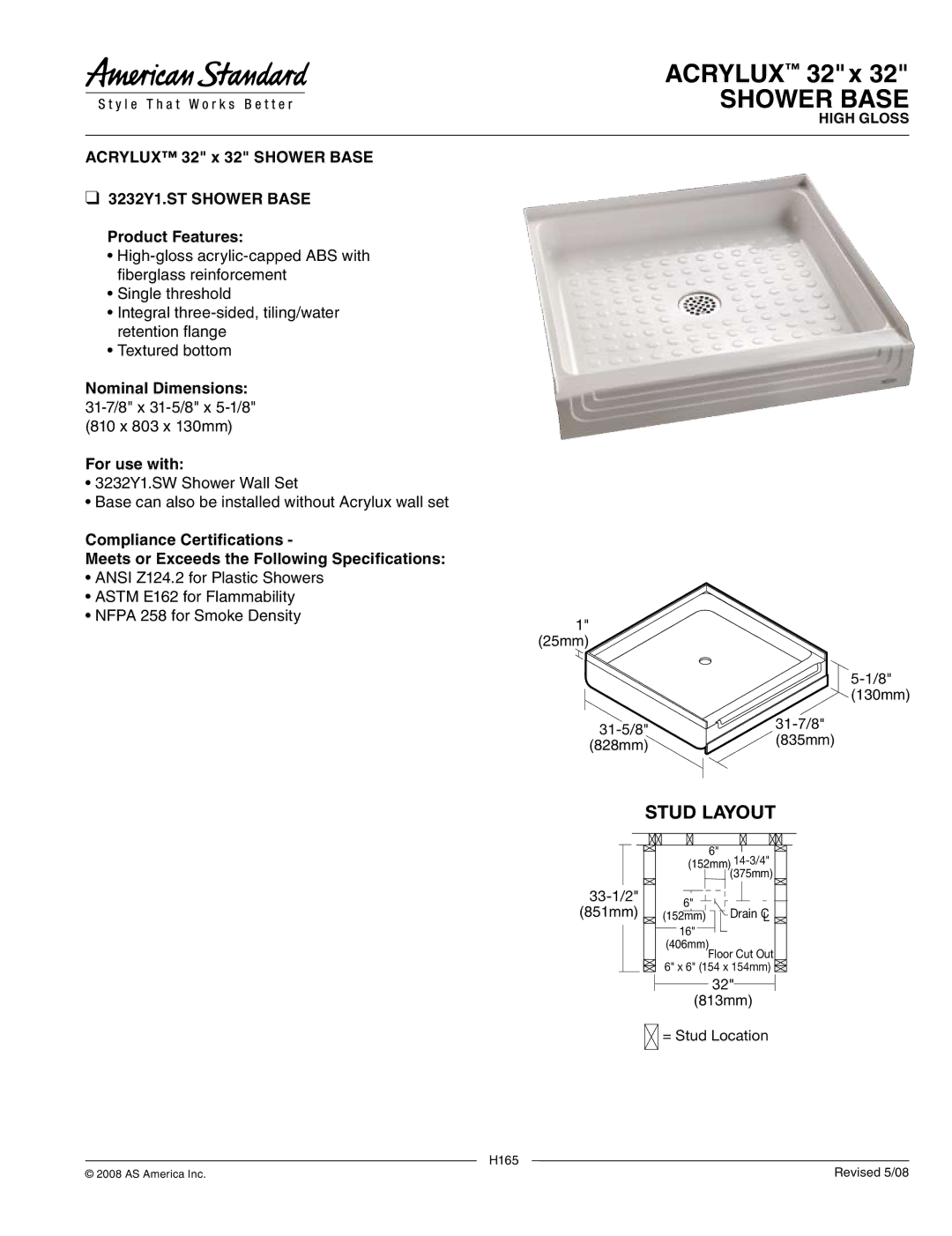 American Standard 3232Y1.ST dimensions Shower Base, Stud Layout 