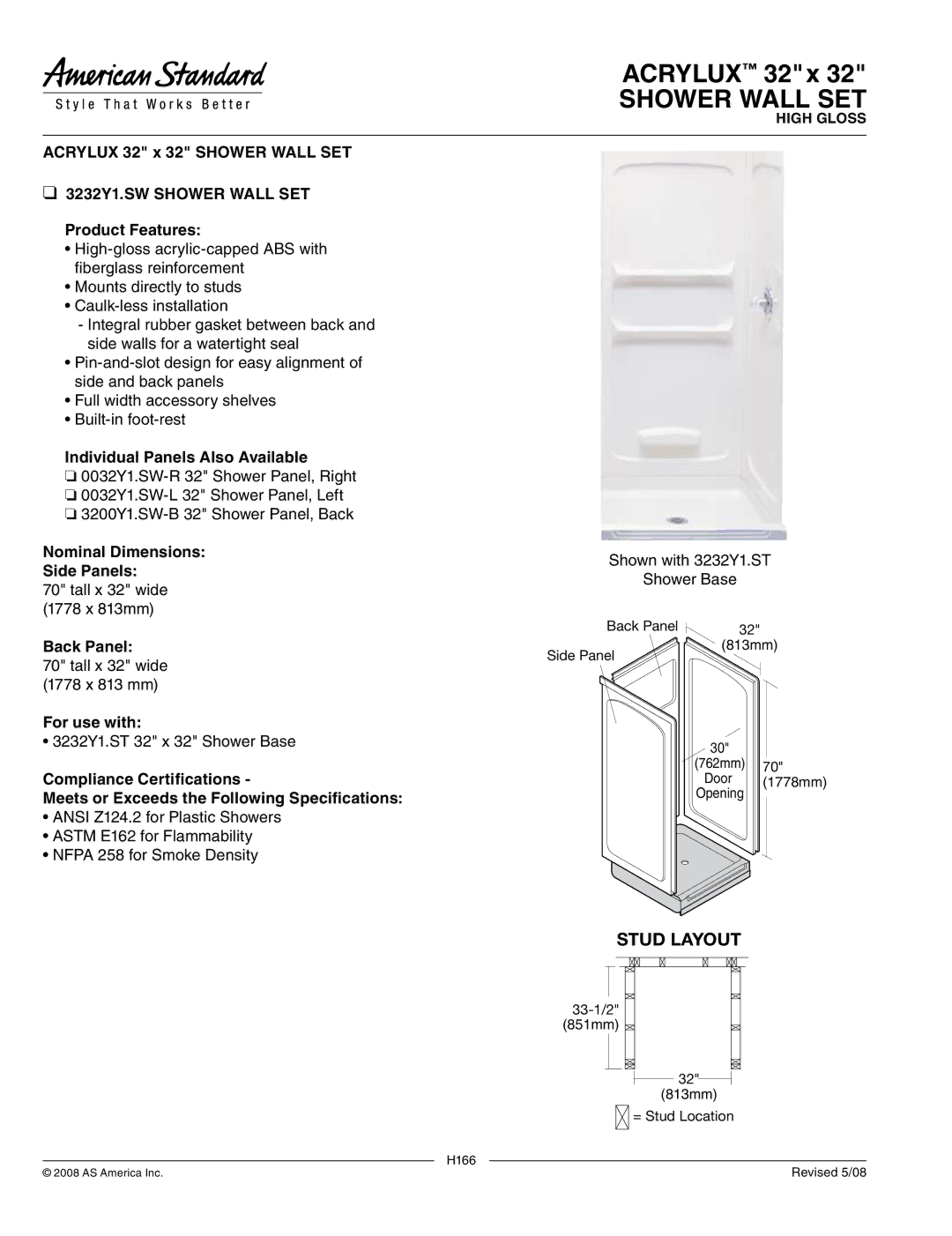 American Standard 3232Y1.SW dimensions Shower Wall SET 