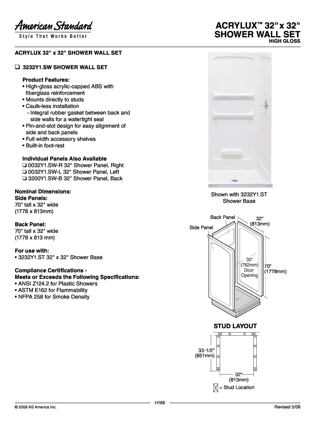 American Standard 3232Y1.SW dimensions ACRYLUX 32 x SHOWER WALL SET, Stud Layout, ACRYLUX 32 x 32 SHOWER WALL set 