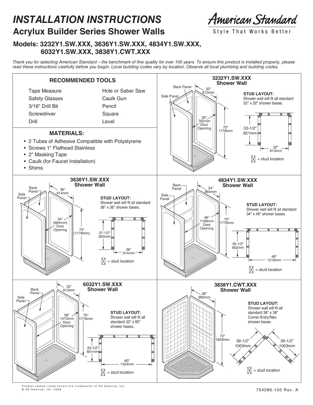 American Standard 6032Y1.SW.XXX, 3232Y1.SW.XXX, 4834Y1.SW.XXX installation instructions Recommended Tools, Materials 