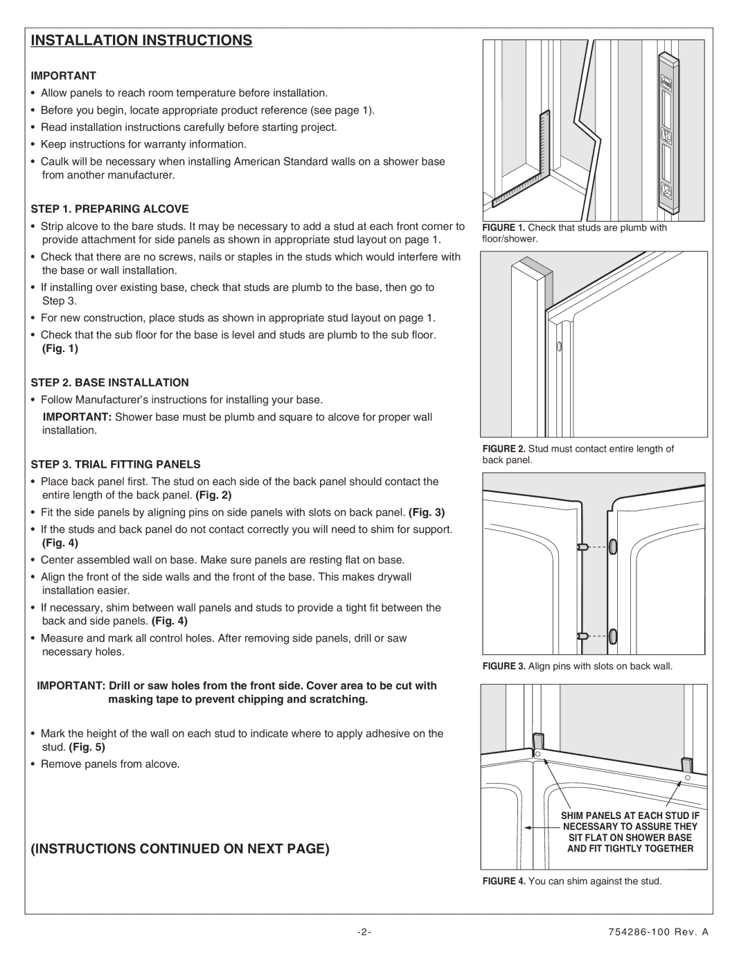 American Standard 4834Y1.SW.XXX Instructions on Next, Preparing Alcove, Base Installation, Trial Fitting Panels 