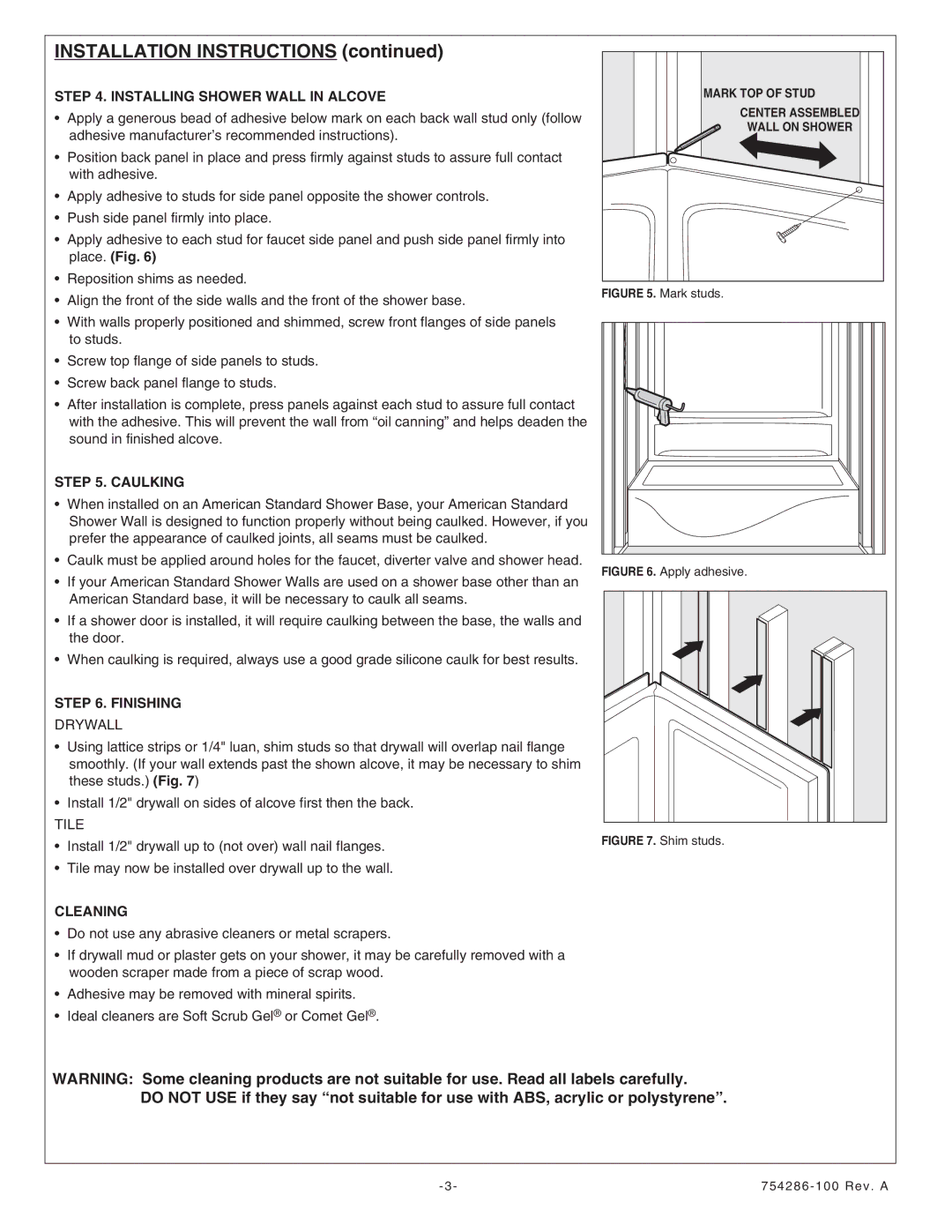 American Standard 3636Y1.SW.XXX, 3232Y1.SW.XXX Installing Shower Wall in Alcove, Caulking, Finishing, Cleaning 