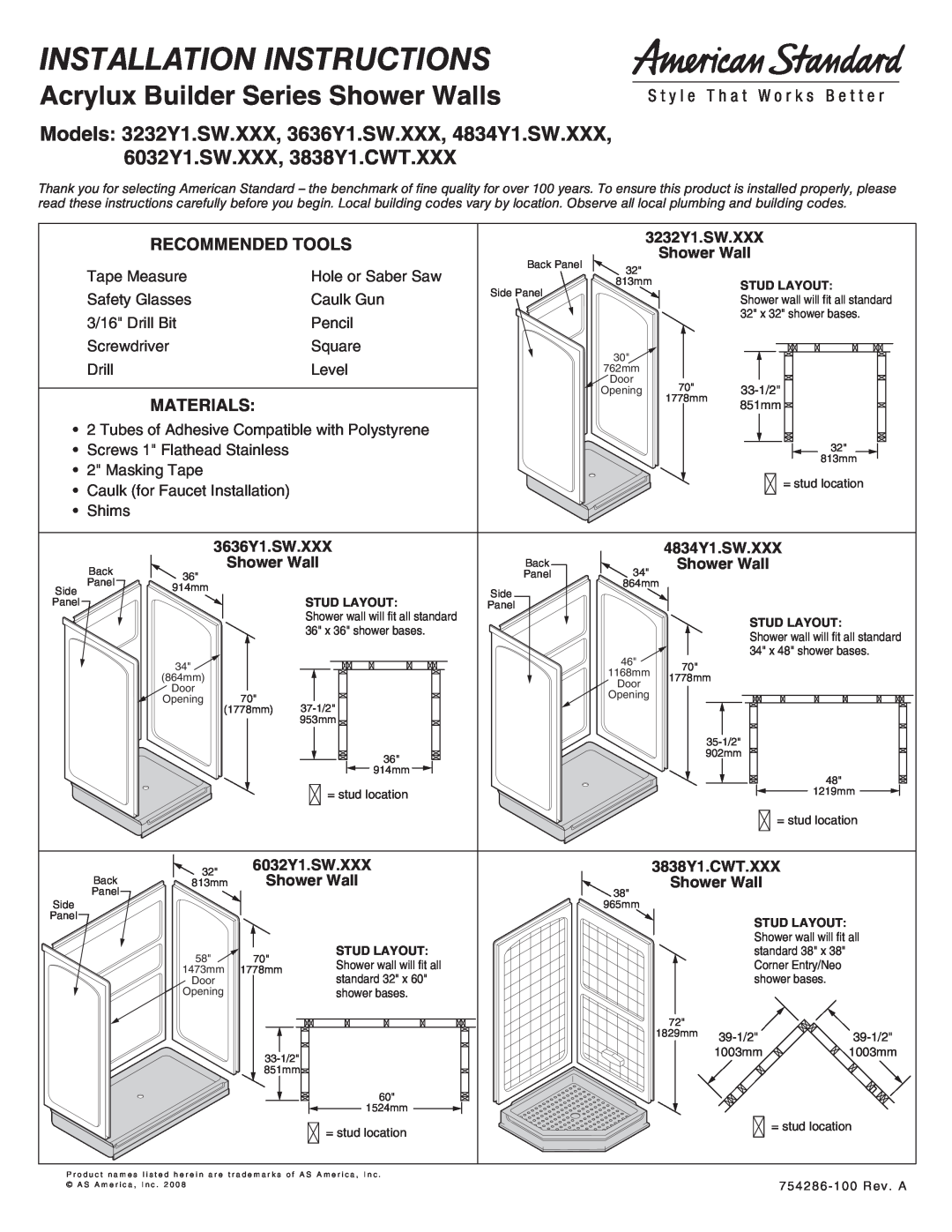 American Standard 6032Y1.SW.XXX installation instructions Recommended Tools, Materials, Installation Instructions 