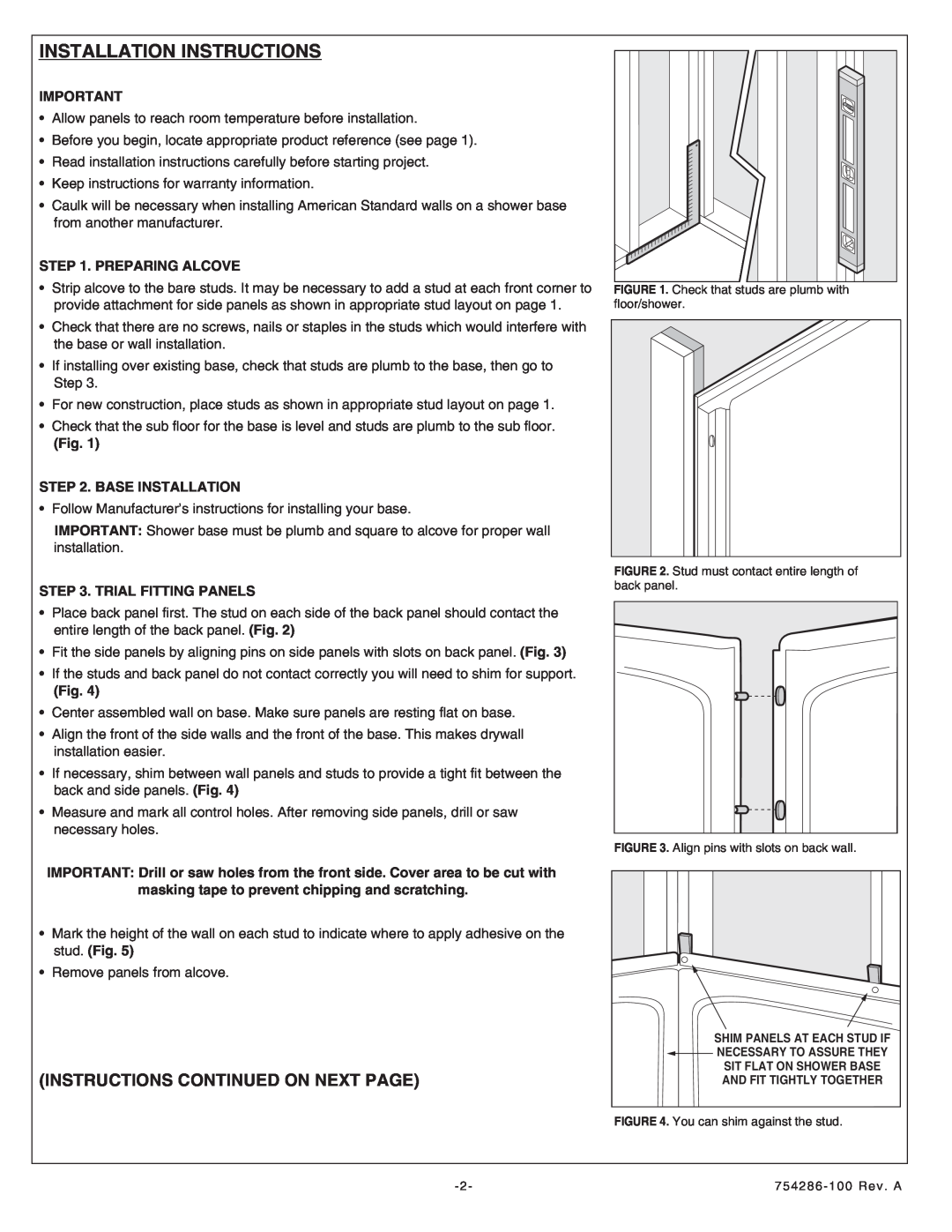 American Standard 4834Y1.SW.XXX Installation Instructions, Instructions Continued On Next Page, Preparing Alcove 