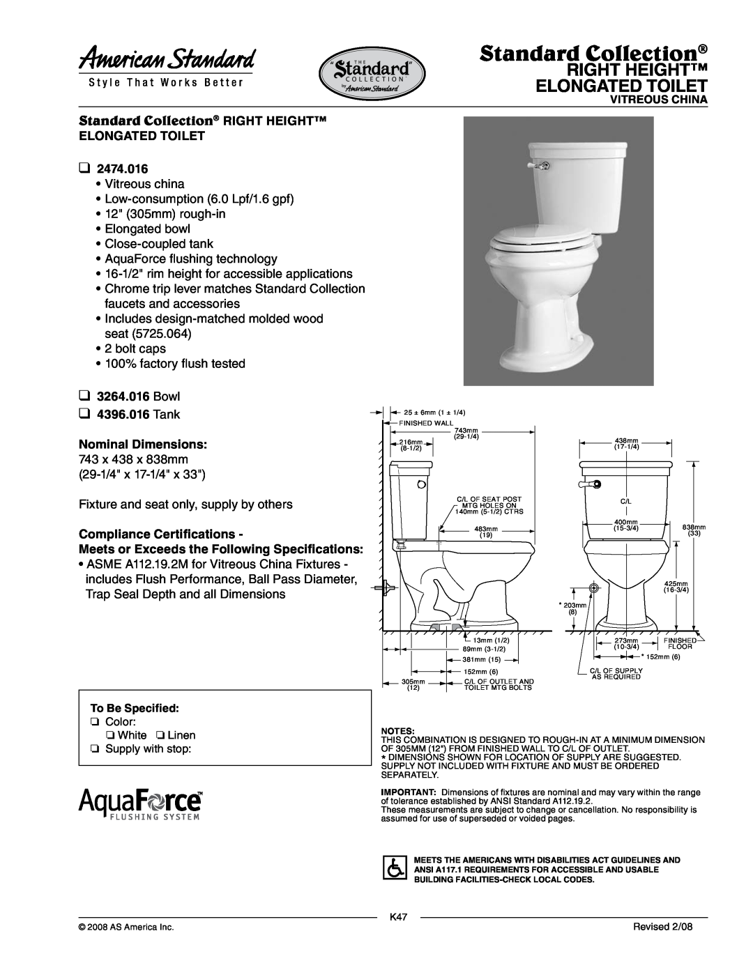 American Standard 4396.016 dimensions Right Height Elongated Toilet, Standard Collection RIGHT HEIGHT, Bowl, Tank 