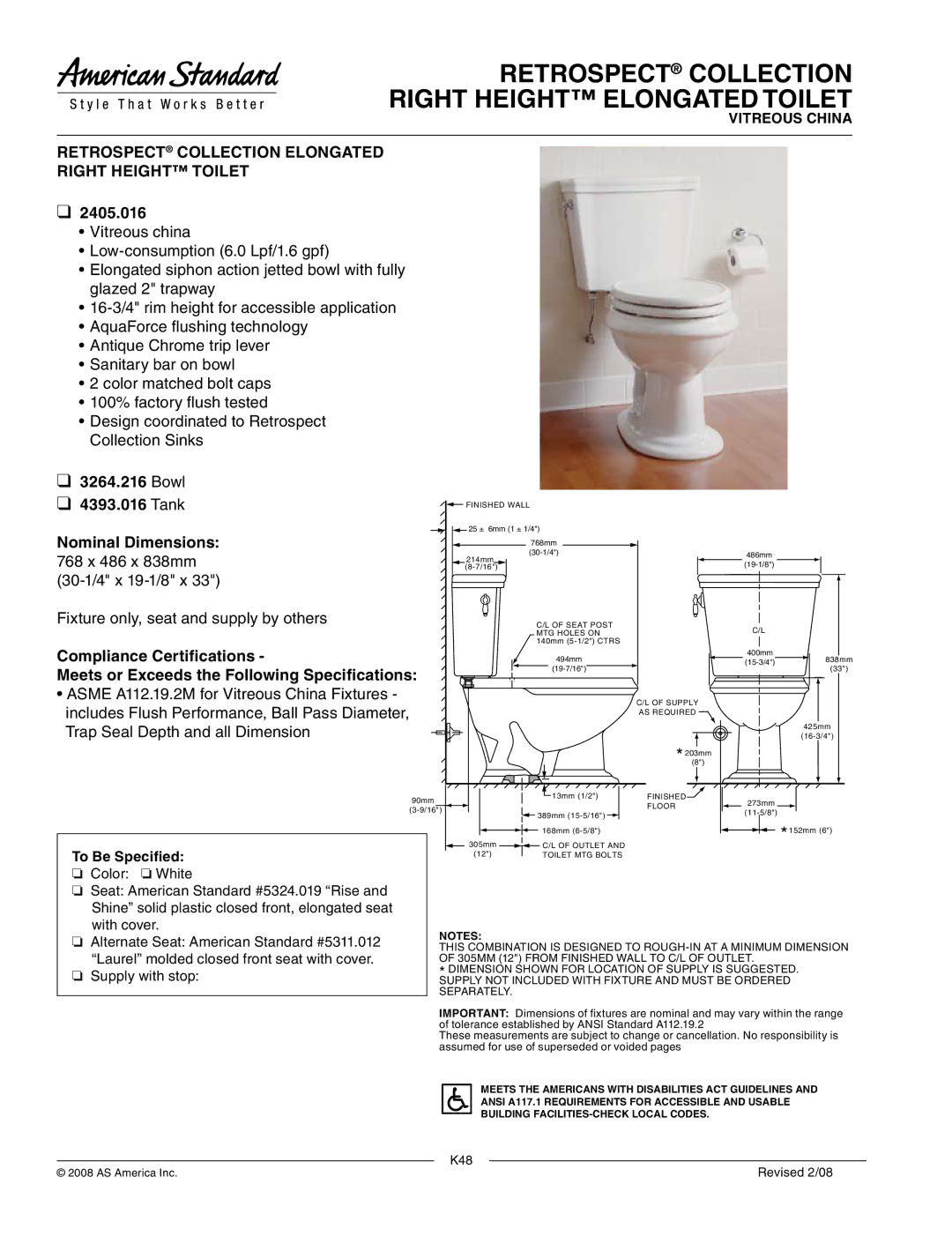 American Standard 3264.216 dimensions Retrospect Collection Right Height Elongated Toilet 