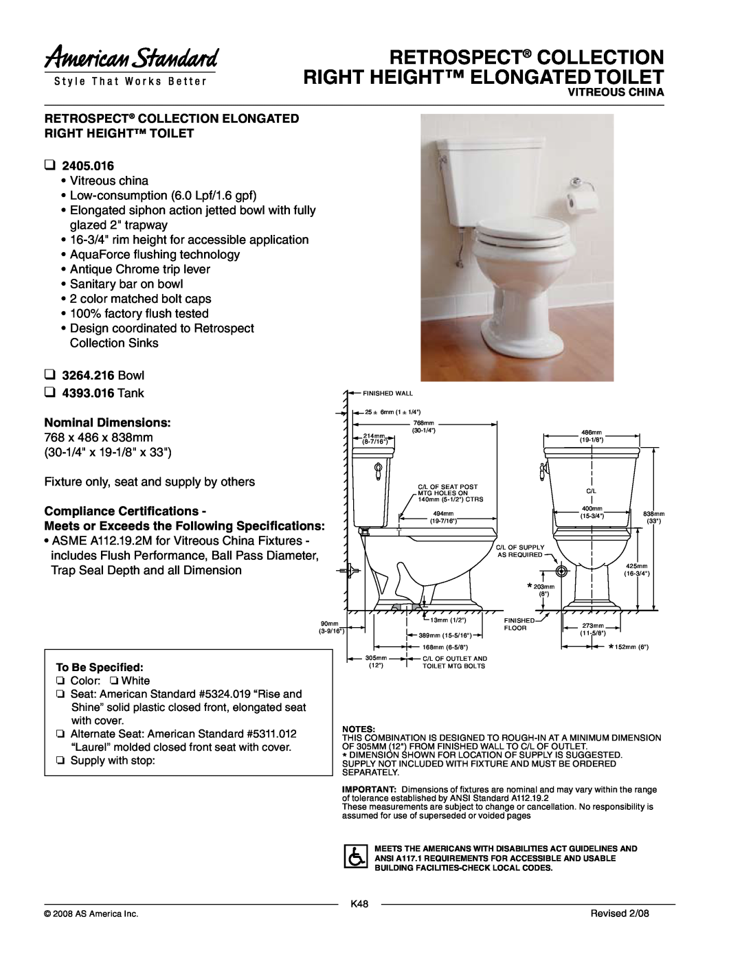 American Standard 3264.216 dimensions Retrospect Collection, Right Height Elongated Toilet, Right Height Toilet, Bowl 