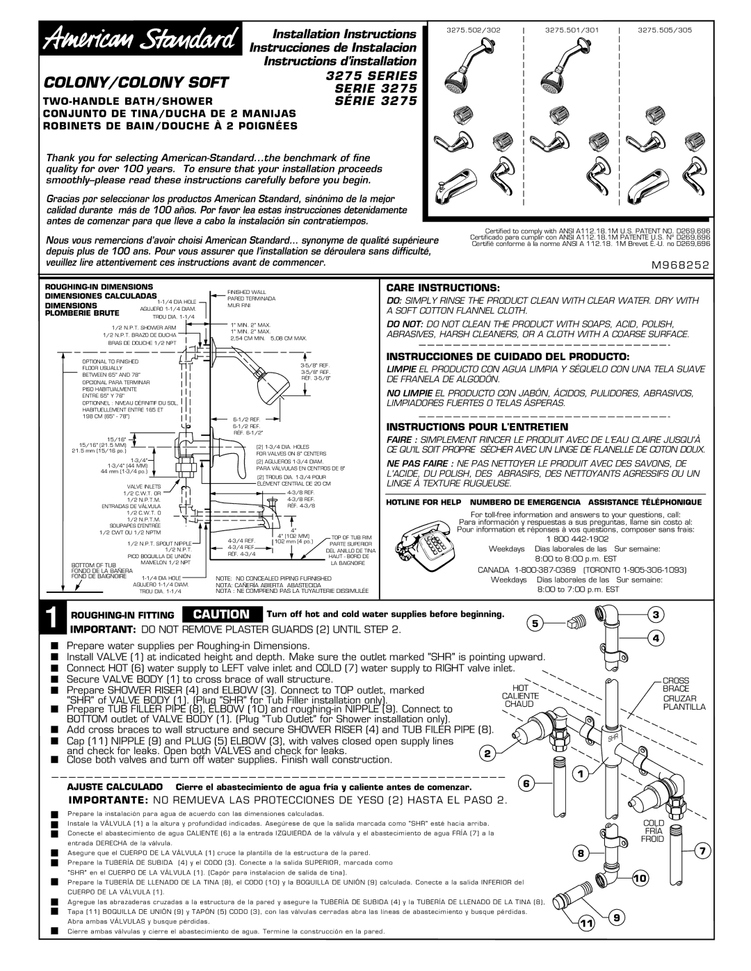 American Standard 3275 SERIES installation instructions Two-Handle Bath/Shower, Care Instructions 