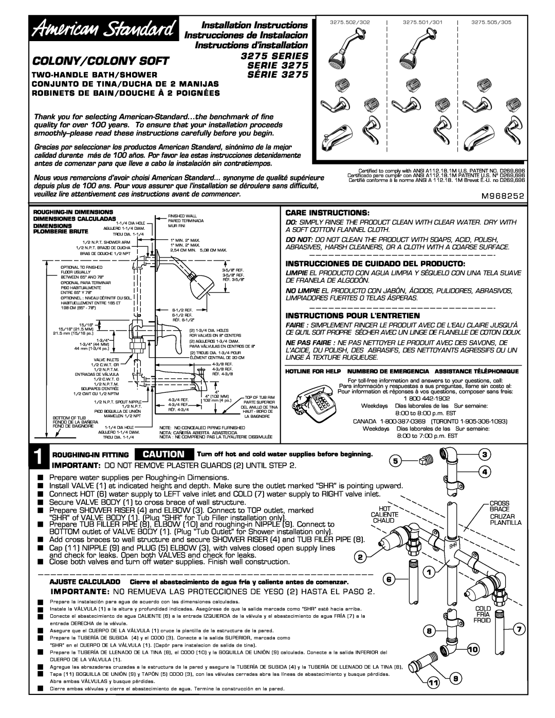 American Standard 3275 SERIES installation instructions Two-Handle Bath/Shower, CONJUNTO DE TINA/DUCHA DE 2 MANIJAS, Serie 