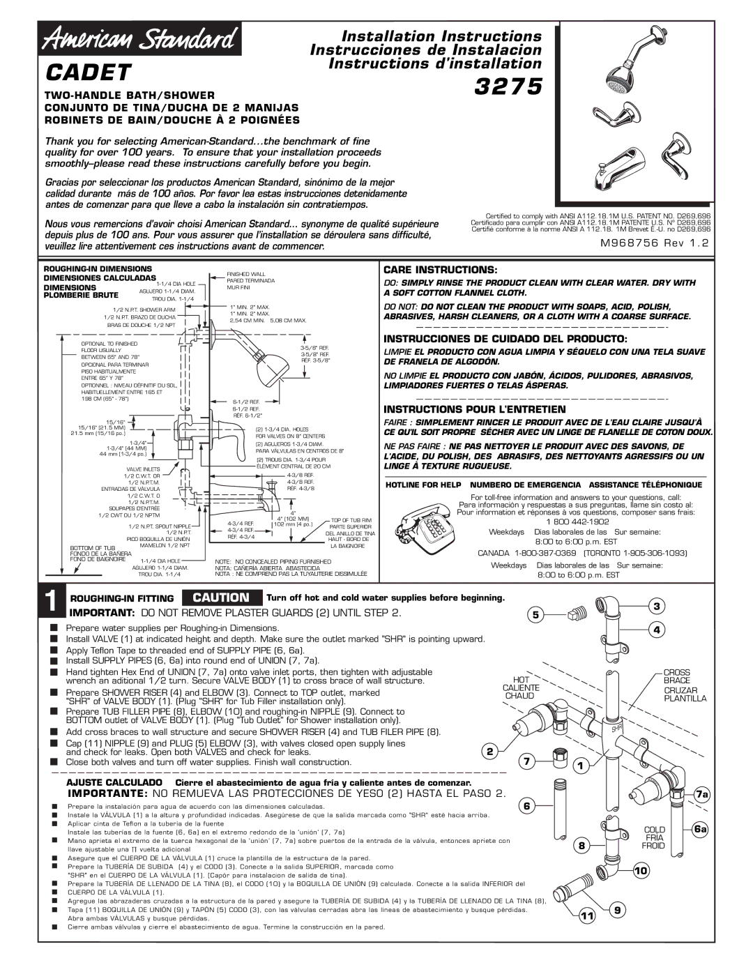 American Standard 3275 dimensions Care Instructions, Instrucciones DE Cuidado DEL Producto, Instructions Pour Lentretien 