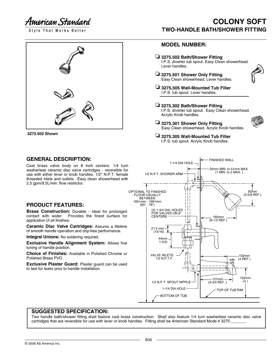 American Standard 3275.501, 3275.301 manual Model Number, General Description, Product Features, Suggested Specification 