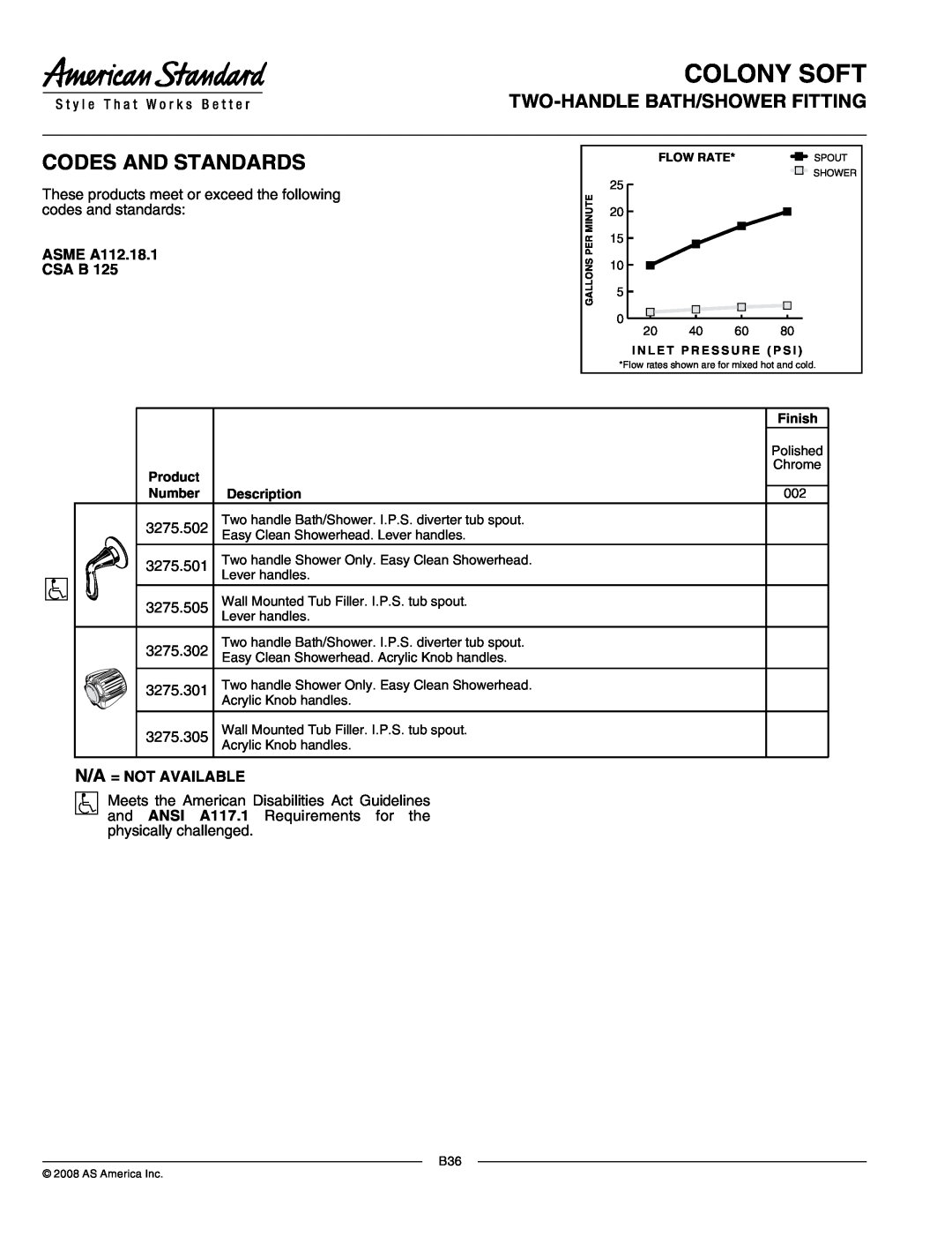 American Standard 3275.301 ASME A112.18.1 CSA B, N/A = Not Available, Product, Number, Description, Finish, Colony Soft 