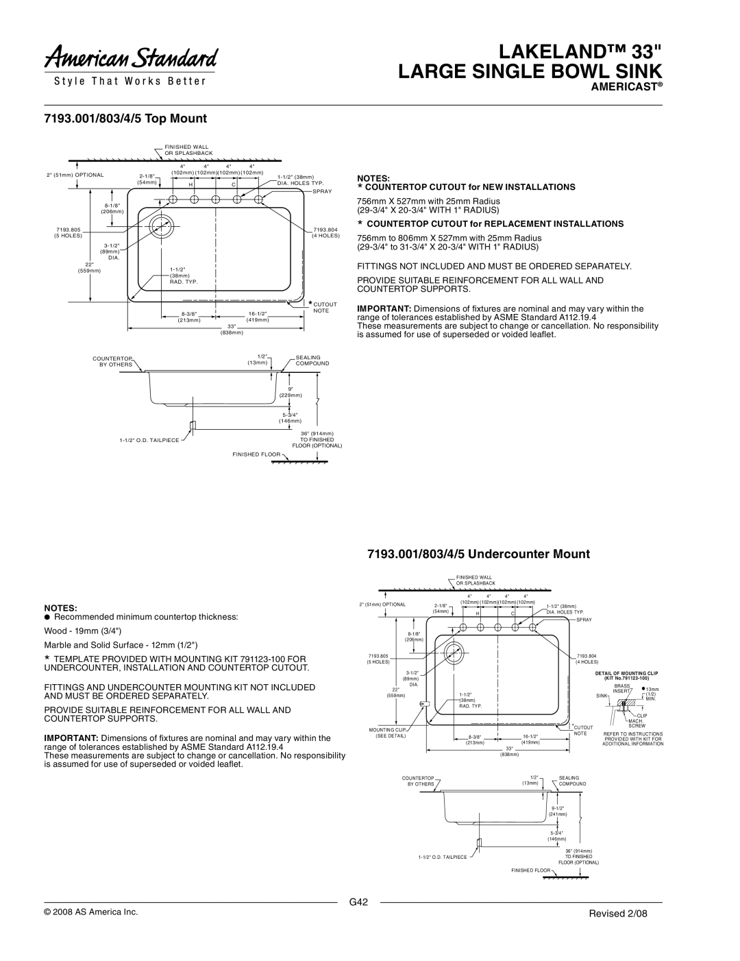 American Standard 7193.803, 33 7193.001/803/4/5 Top Mount, 7193.001/803/4/5 Undercounter Mount, Detail of Mounting Clip 