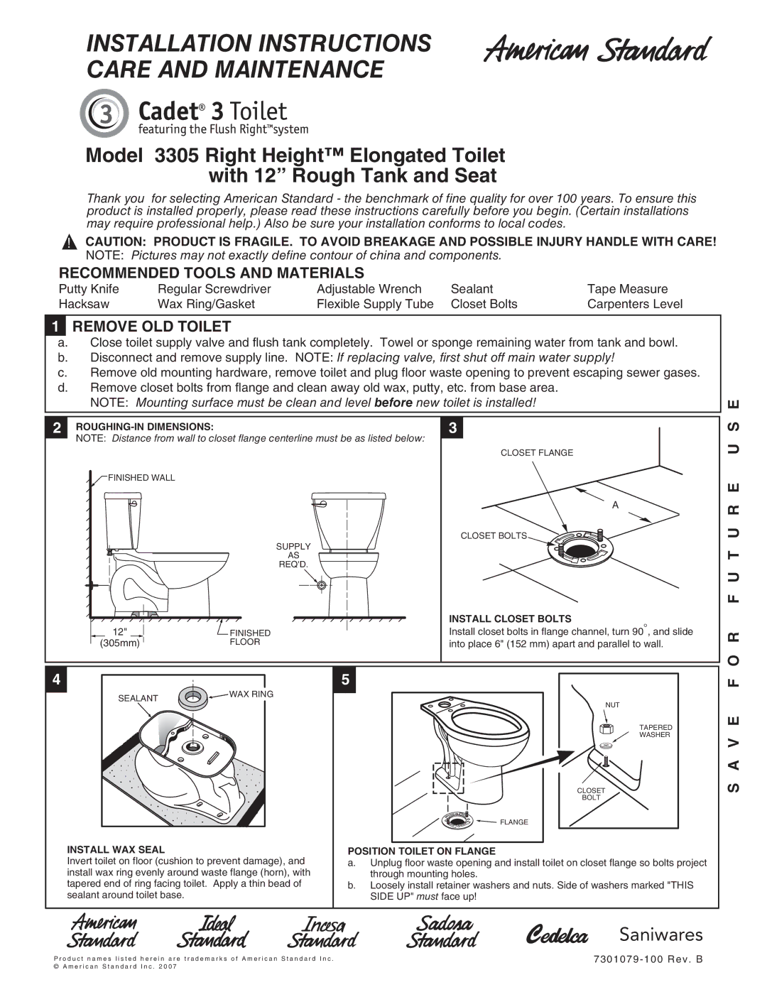 American Standard 3305 installation instructions Recommended Tools and Materials, Remove OLD Toilet, F U T U R E U S 