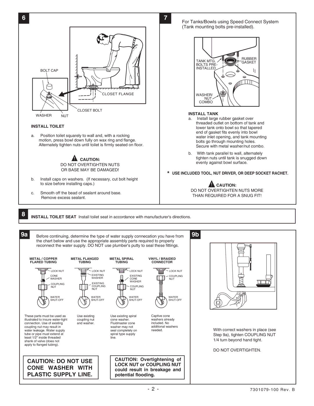 American Standard 3305 installation instructions Cone Washer with, Plastic Supply Line, Install Toilet, Install Tank 