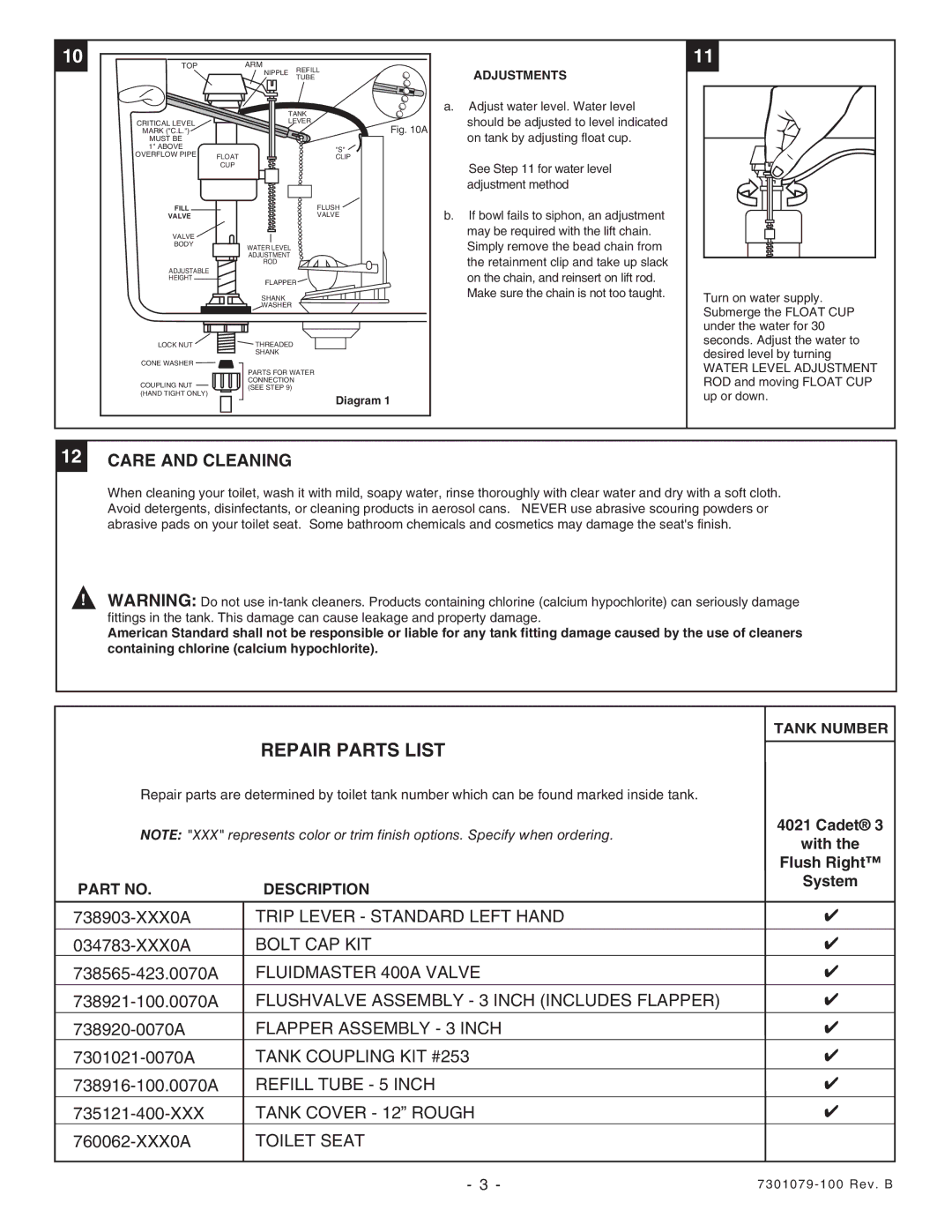 American Standard 3305 installation instructions Repair Parts List, Care and Cleaning, Adjustments 