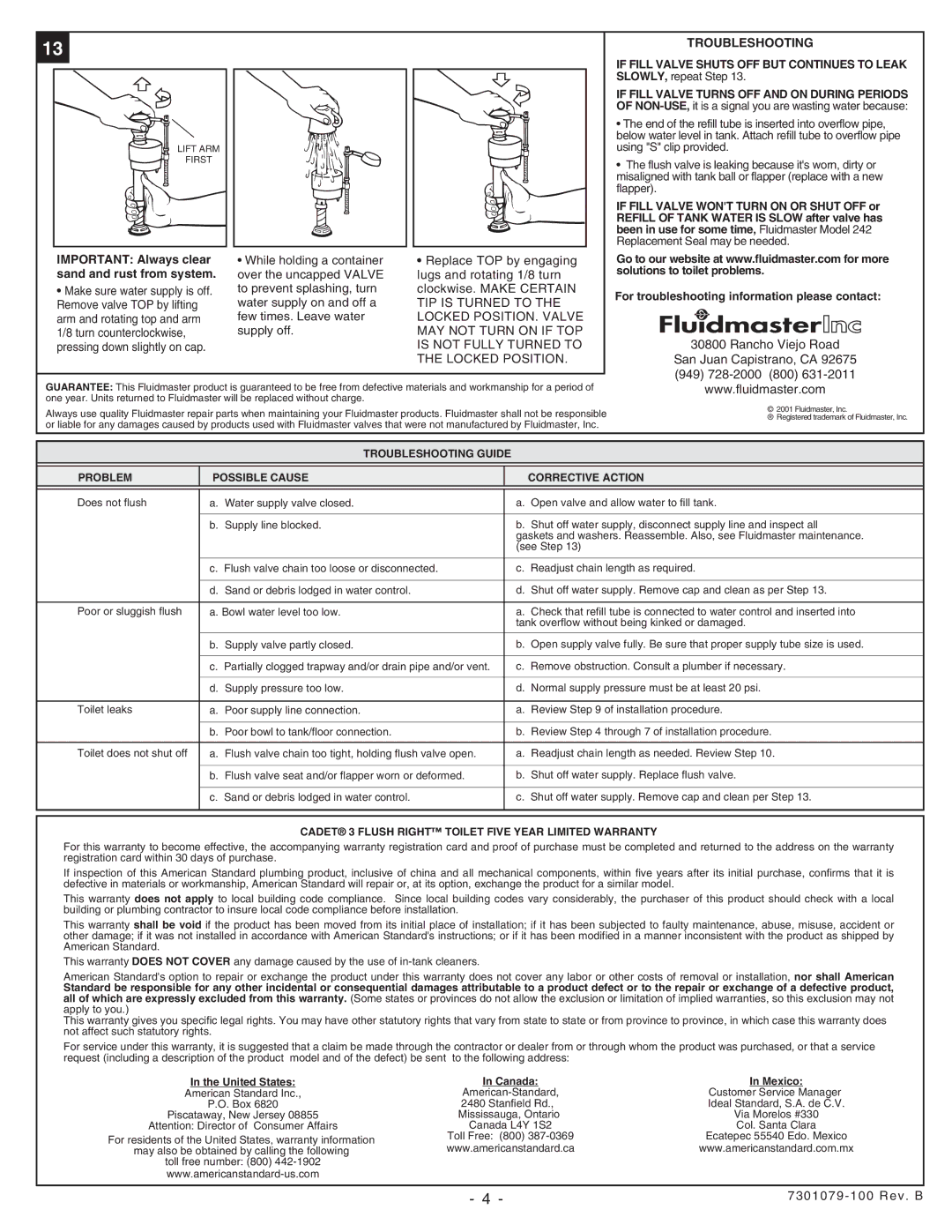 American Standard 3305 installation instructions Troubleshooting 