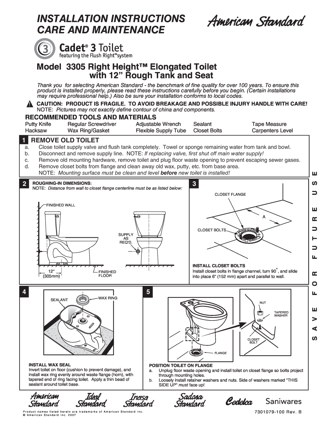 American Standard 3305 installation instructions Recommended Tools And Materials, 1REMOVE OLD TOILET, O R F U T U R E U S 