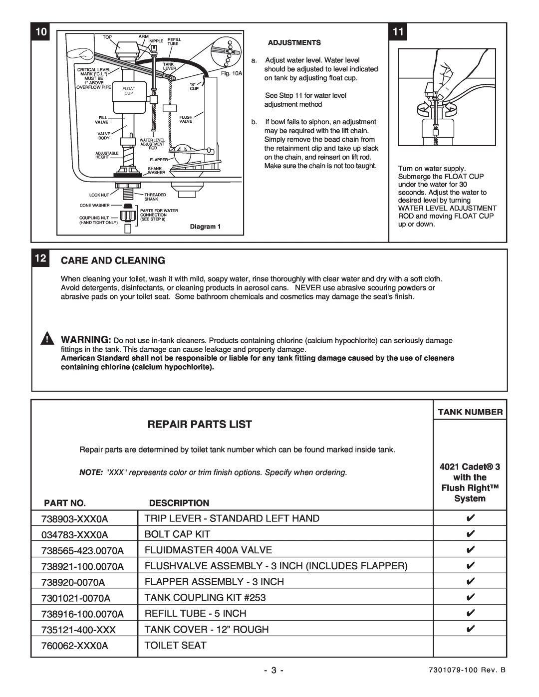 American Standard 3305 installation instructions Repair Parts List, 12CARE AND CLEANING 