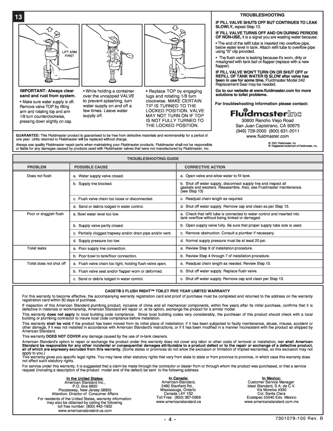 American Standard 3305 installation instructions Troubleshooting 