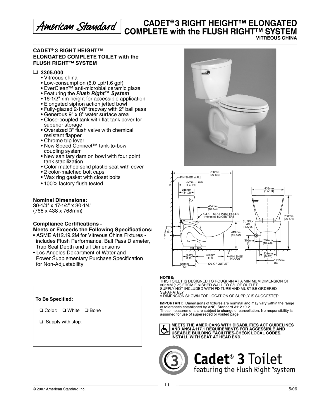 American Standard 3305.000 dimensions Featuring the Flush Right System, Vitreous China 