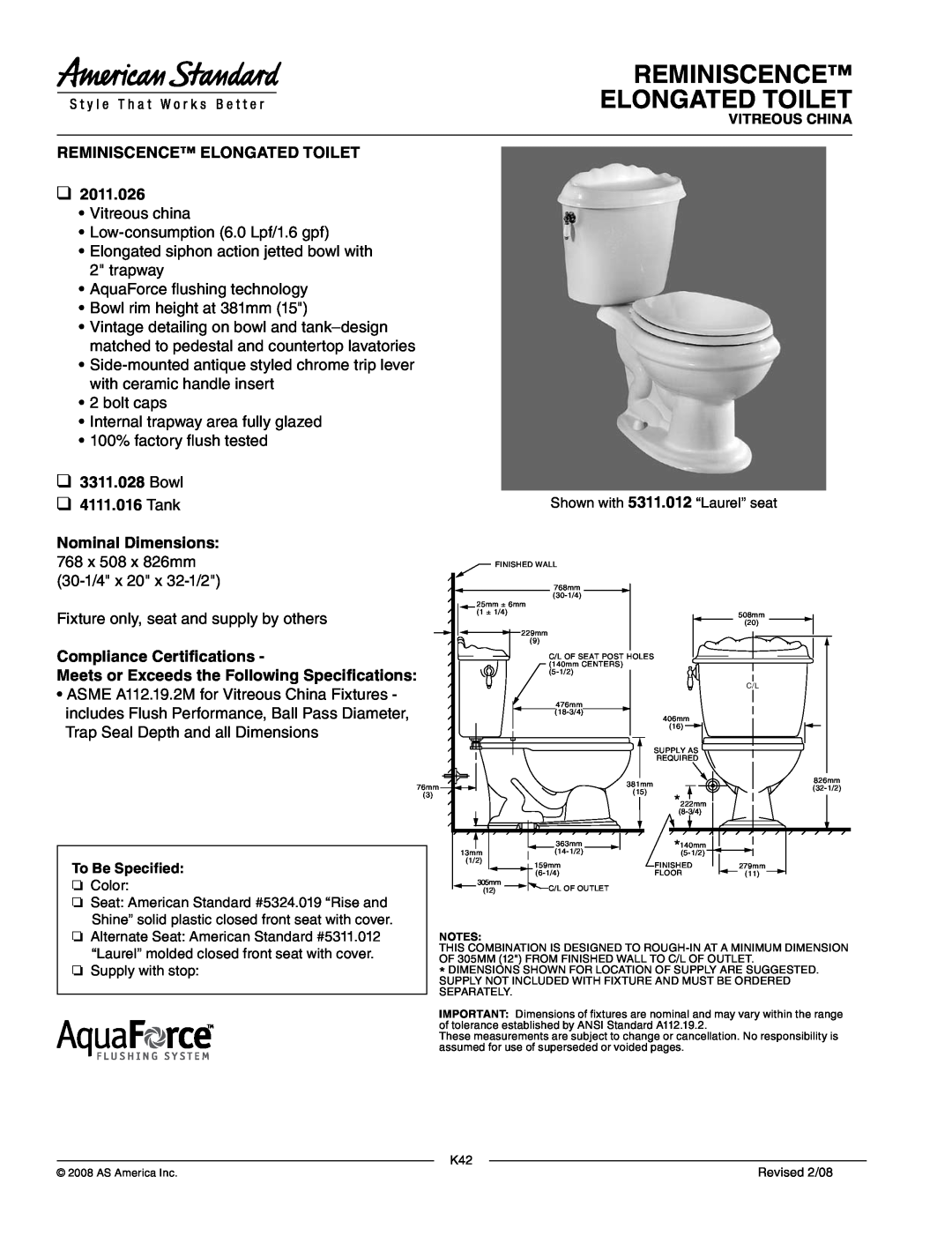 American Standard 4111.016, 3311.028 dimensions Reminiscence Elongated Toilet, Bowl, Tank, Nominal Dimensions 