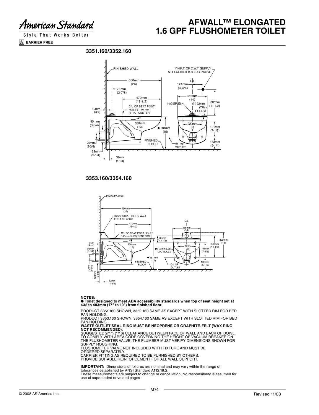 American Standard dimensions 3351.160/3352.160, 3353.160/3354.160 