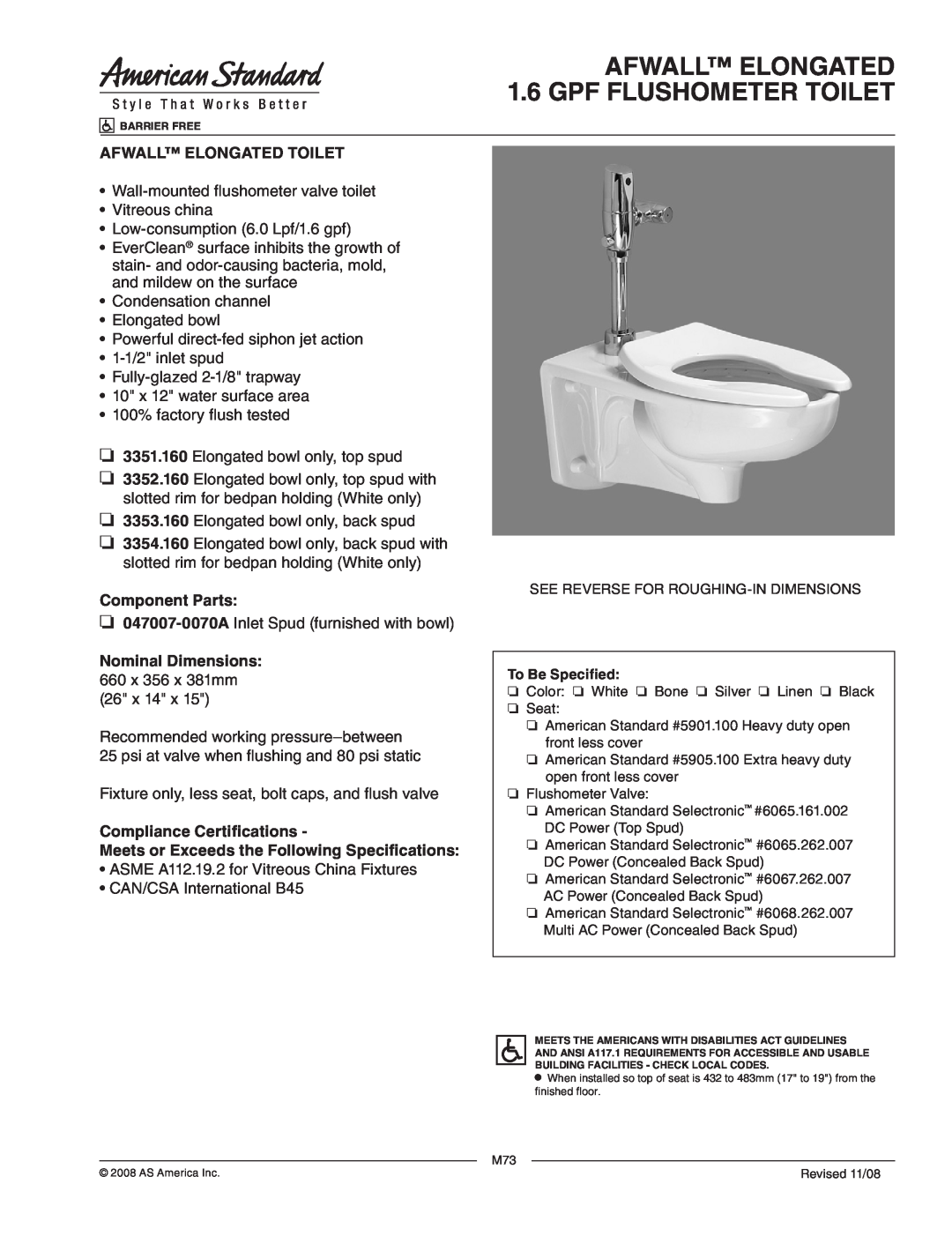 American Standard 3354.160, 3351.160 dimensions AFWALL ELONGATED 1.6 GPF FLUSHOMETER TOILET, Afwall Elongated Toilet 