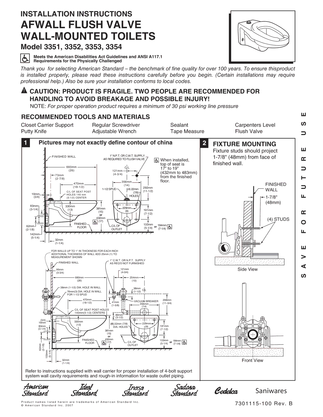 American Standard 3354 installation instructions Fixture Mounting, T U R E, E F O R, 7301115-100 Rev. B 