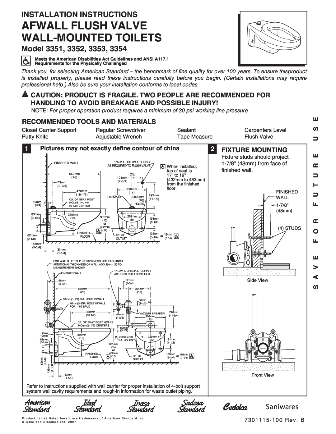 American Standard 3354 installation instructions Caution Product Is Fragile. Two People Are Recommended For, U S E 