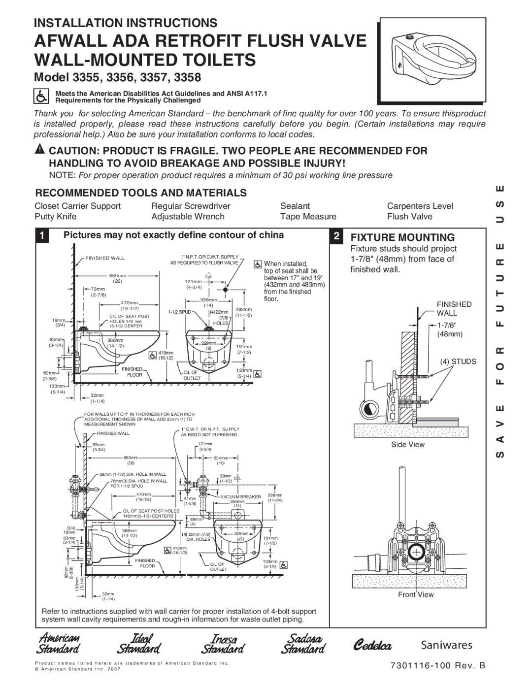 American Standard 3355 installation instructions Afwall ADA Retrofit Flush Valve WALL-MOUNTED Toilets, 7301116-100 Rev. B 