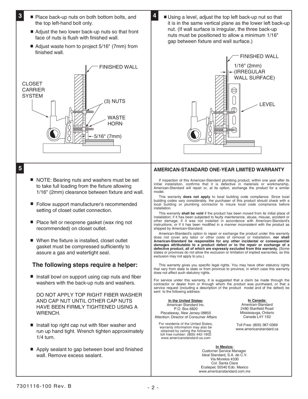 American Standard 3355 16 2mm, Nuts, 16 7mm, To take full loading from the fixture allowing, Recommended on closet outlet 