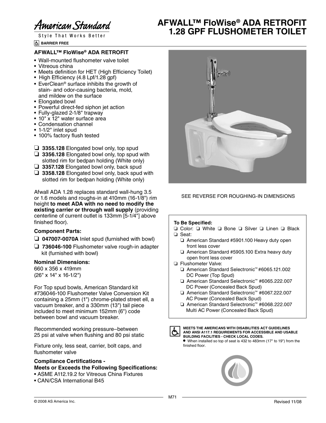 American Standard 3357.128, 3356.128 dimensions Afwall FloWise ADA Retrofit 1.28 GPF Flushometer Toilet, Component Parts 