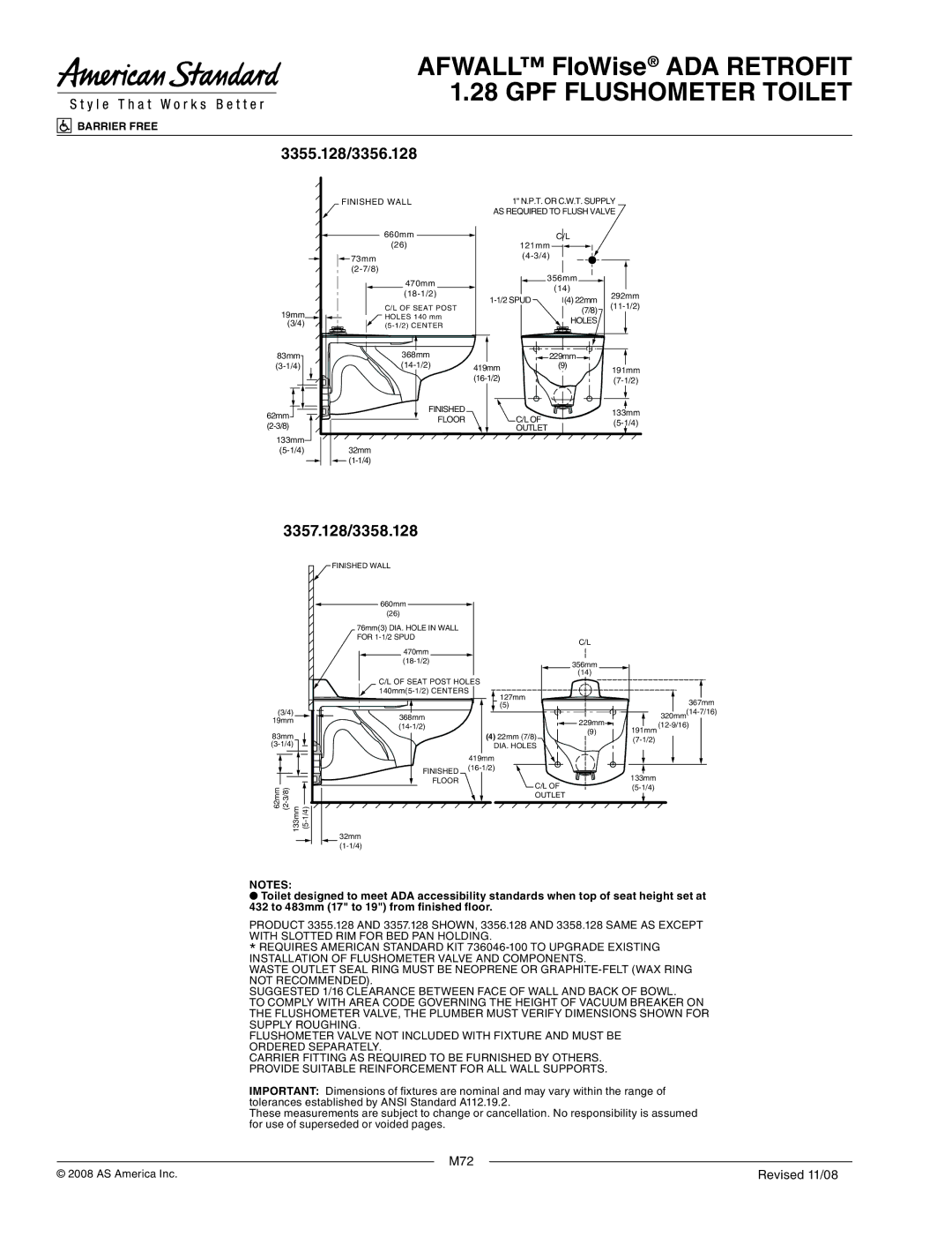 American Standard dimensions 3355.128/3356.128, 3357.128/3358.128 