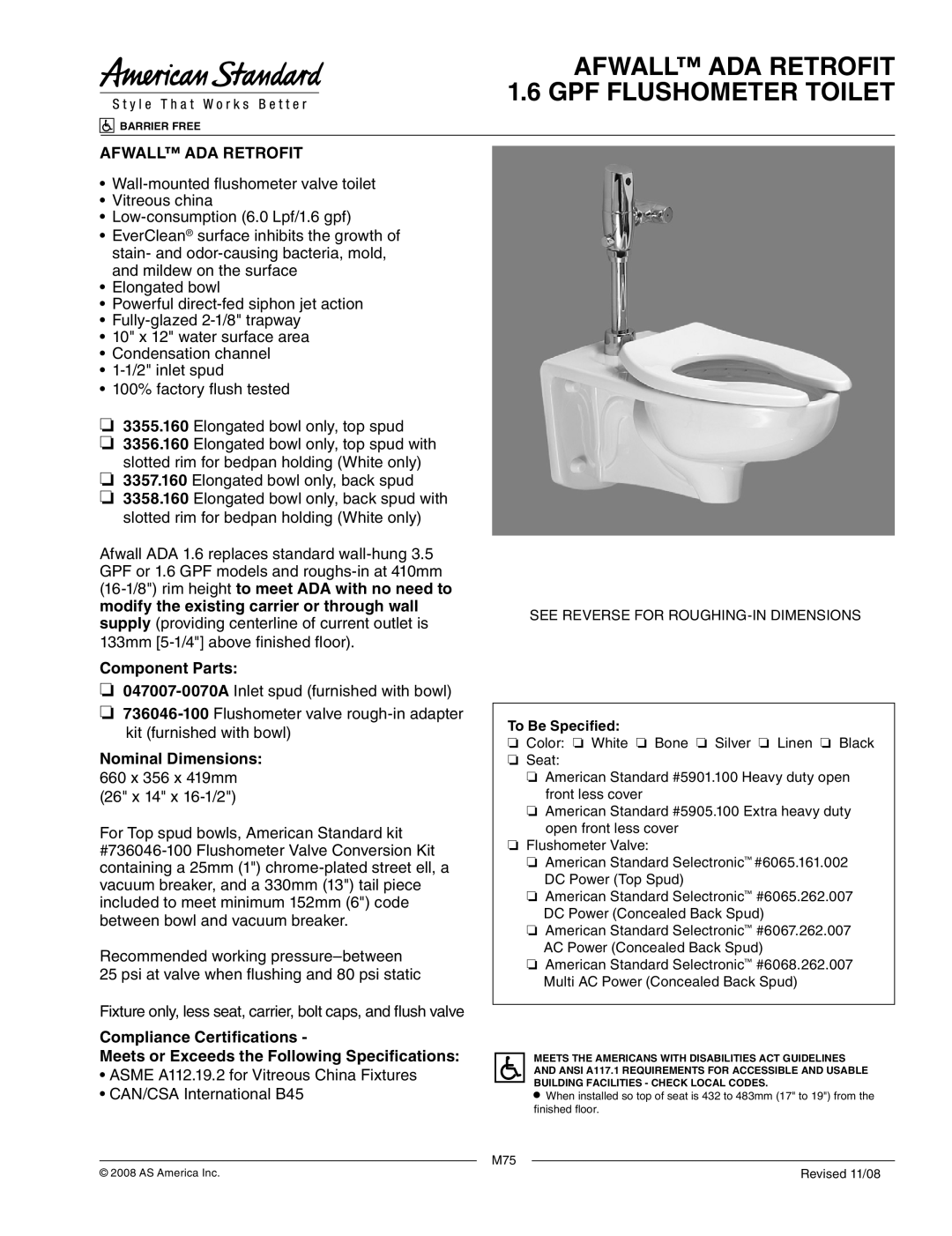 American Standard 3356.160 dimensions Afwall ADA Retrofit 1.6 GPF Flushometer Toilet, Component Parts, Nominal Dimensions 