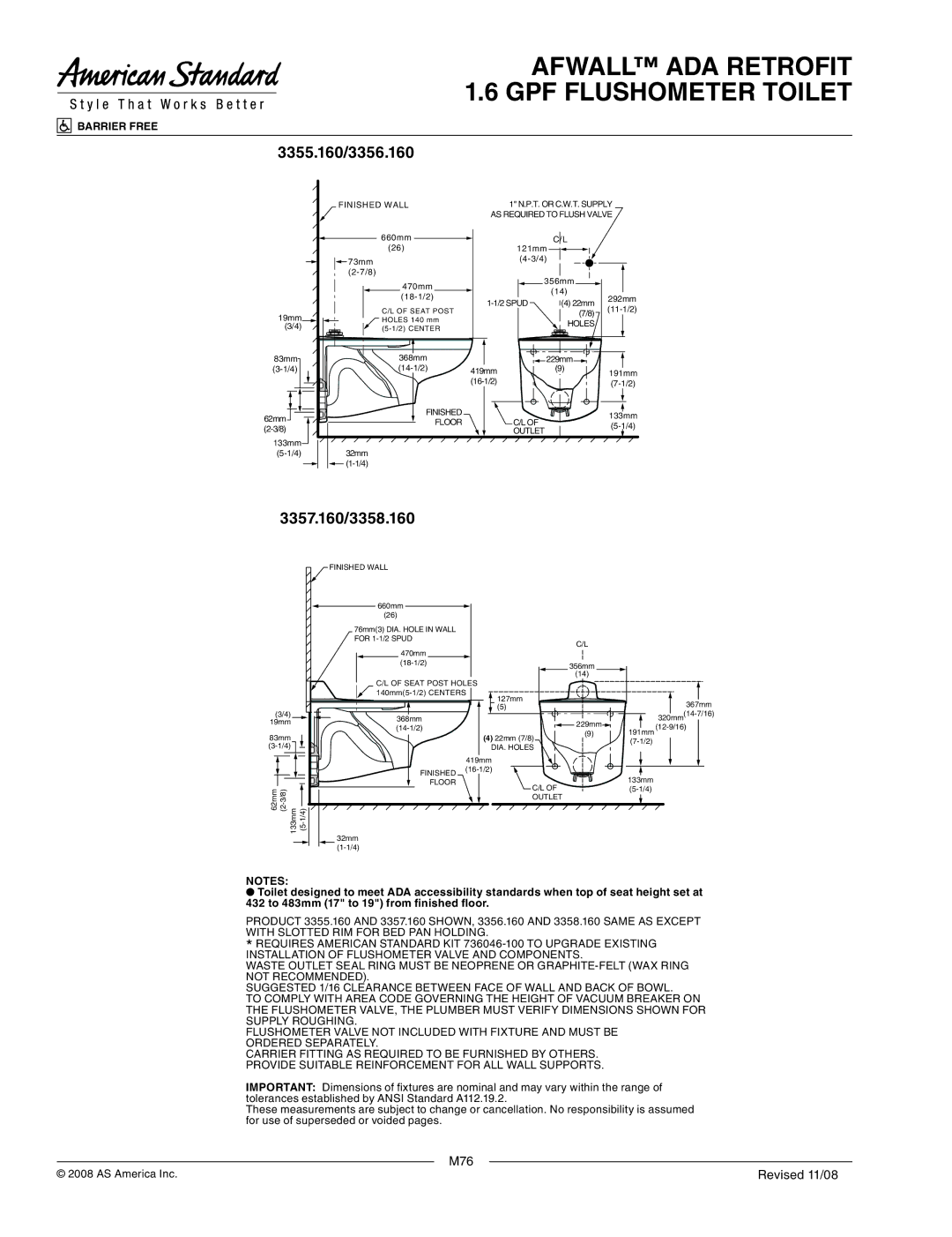 American Standard dimensions 3355.160/3356.160, 3357.160/3358.160 