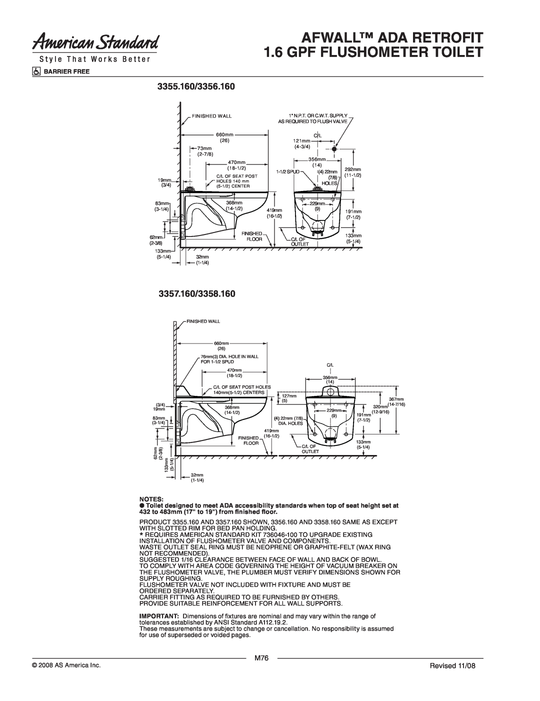 American Standard 3355.160/3356.160, 3357.160/3358.160, AFWALL ADA RETROFIT 1.6 GPF FLUSHOMETER TOILET, Revised 11/08 