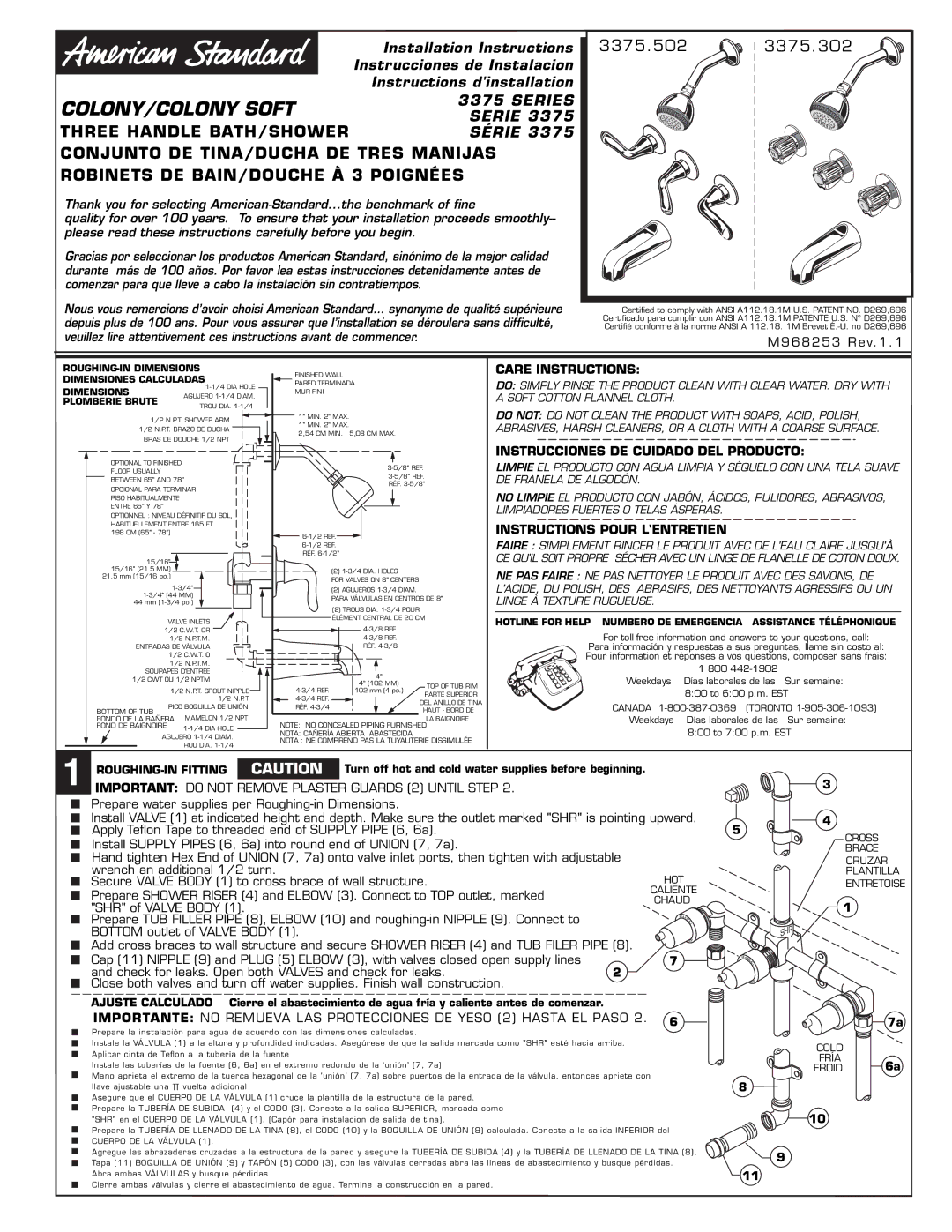 American Standard 3375 dimensions Care Instructions, Instrucciones DE Cuidado DEL Producto, Instructions Pour Lentretien 