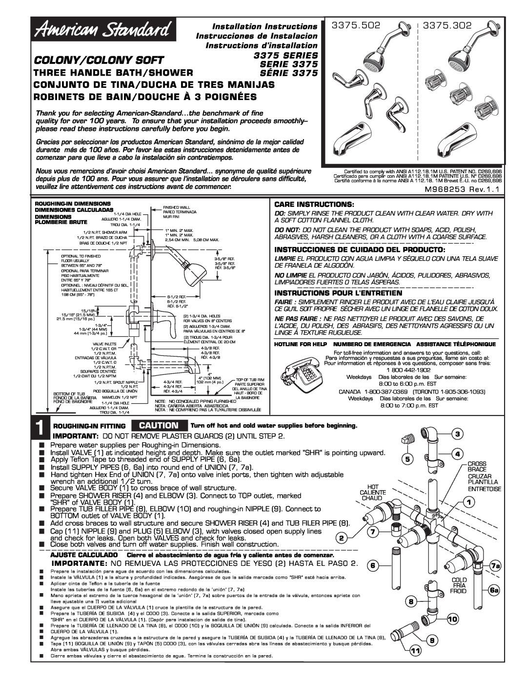 American Standard 3375 dimensions Care Instructions, Instrucciones De Cuidado Del Producto, Instructions Pour Lentretien 