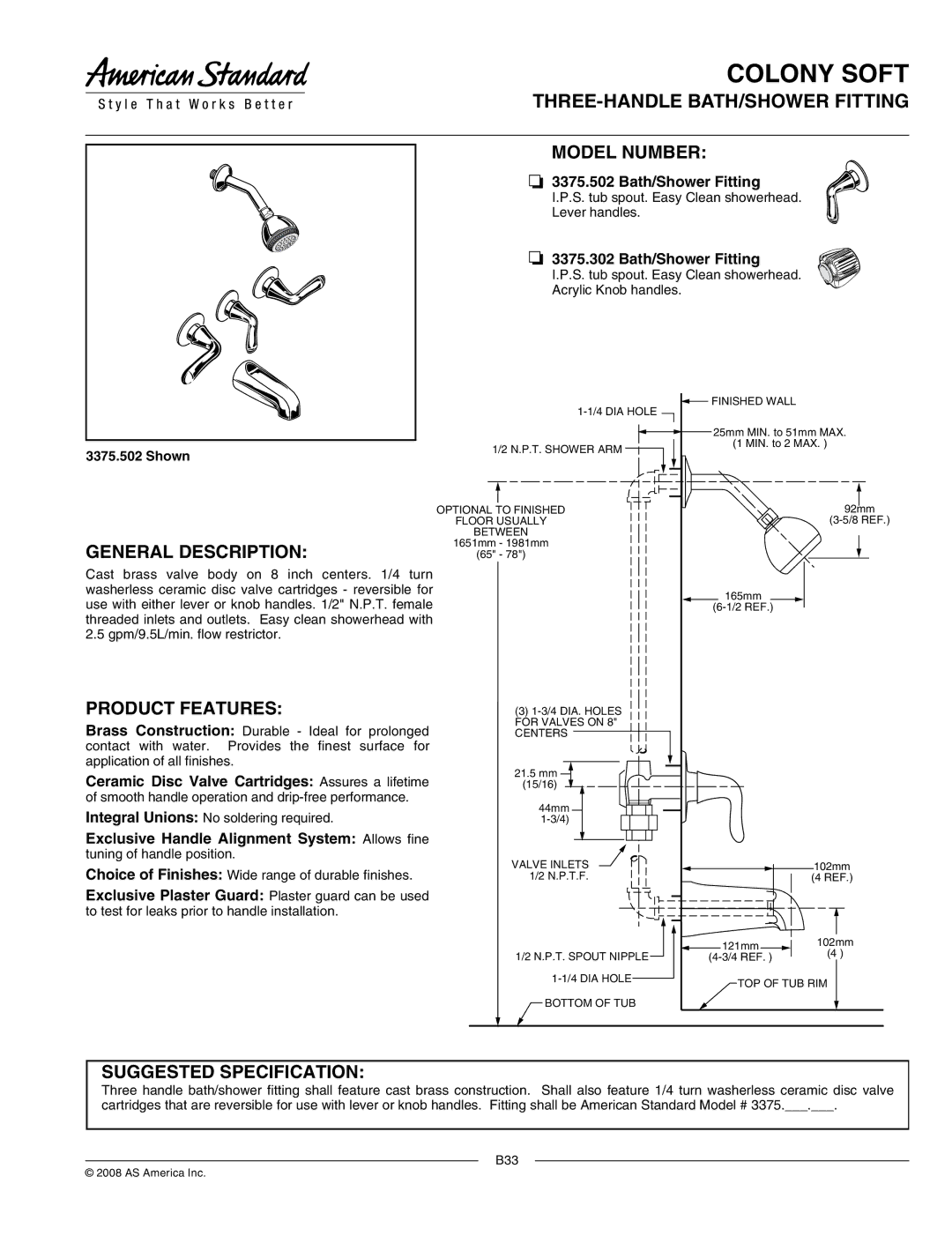 American Standard 3375.302, 3375.502 manual Model Number, General Description, Product Features, Suggested Specification 