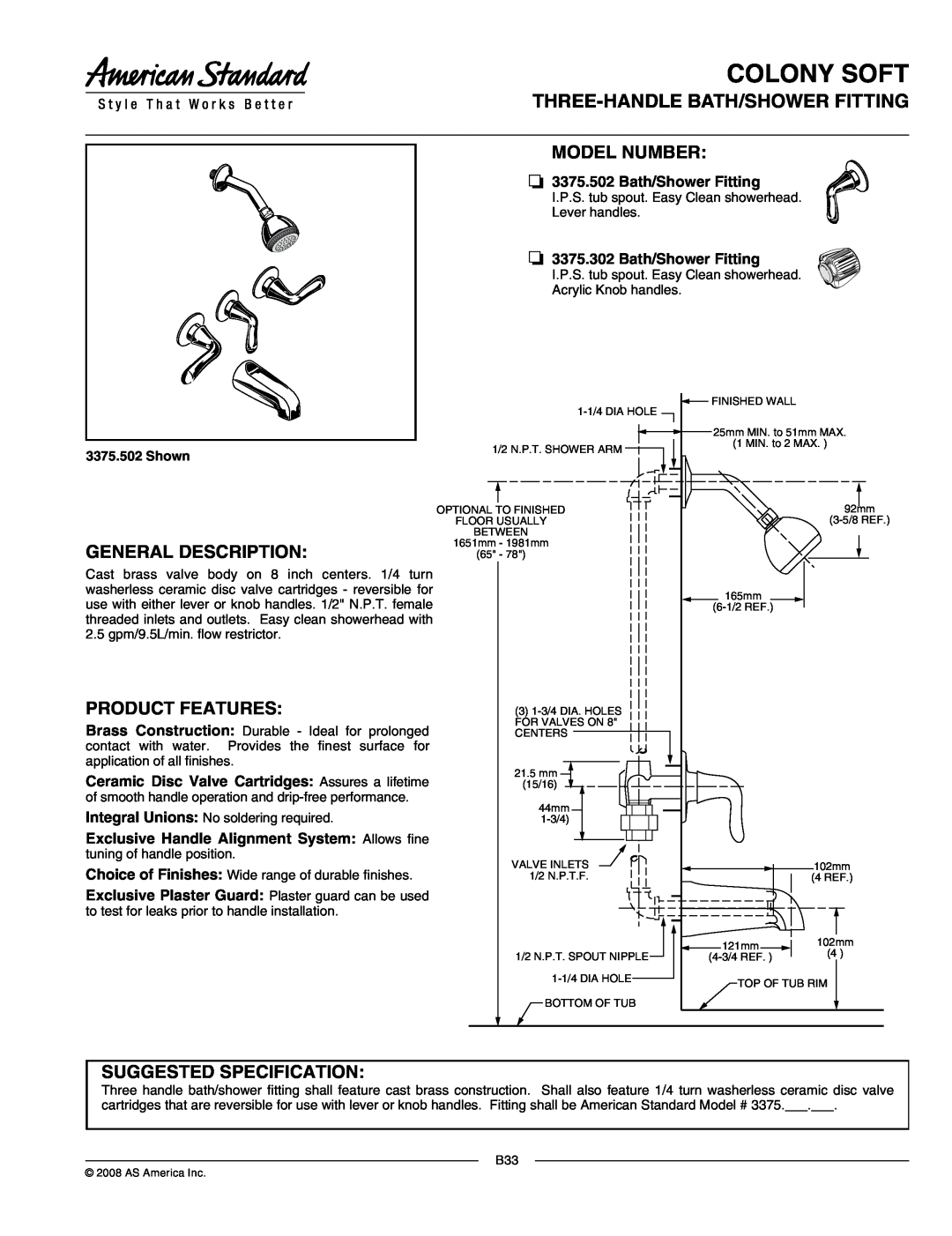 American Standard 3375.302 manual Colony Soft, Three-Handle Bath/Shower Fitting, Shown, Model Number, General Description 