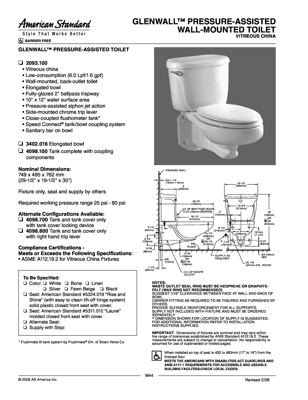 American Standard 4098.100 dimensions Glenwall Pressure-Assisted Wall-Mounted Toilet, Glenwall Pressure-Assisted Toilet 