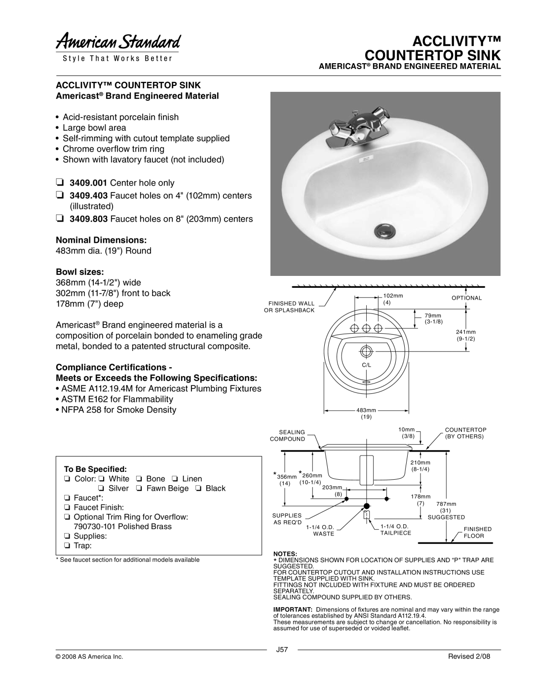 American Standard 3409.001 dimensions Acclivity Countertop Sink, Americast Brand Engineered Material, To Be Specified 