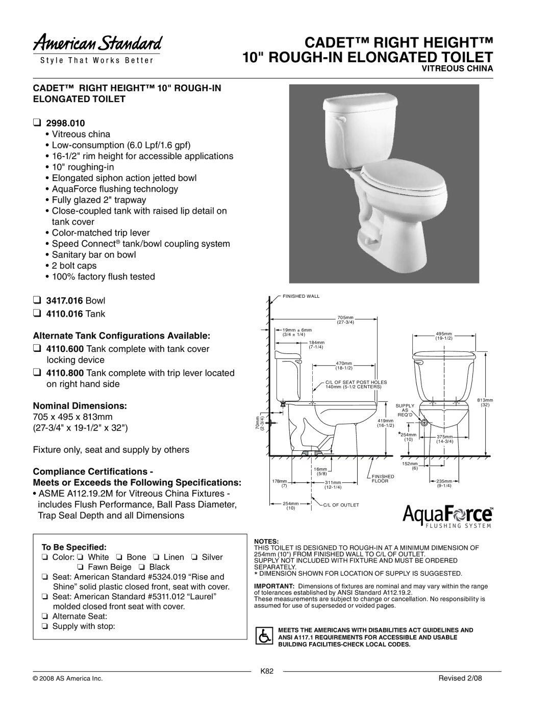 American Standard 2998.010, 3417.016 dimensions Cadet Right Height 10 ROUGH-IN Elongated Toilet, Nominal Dimensions 