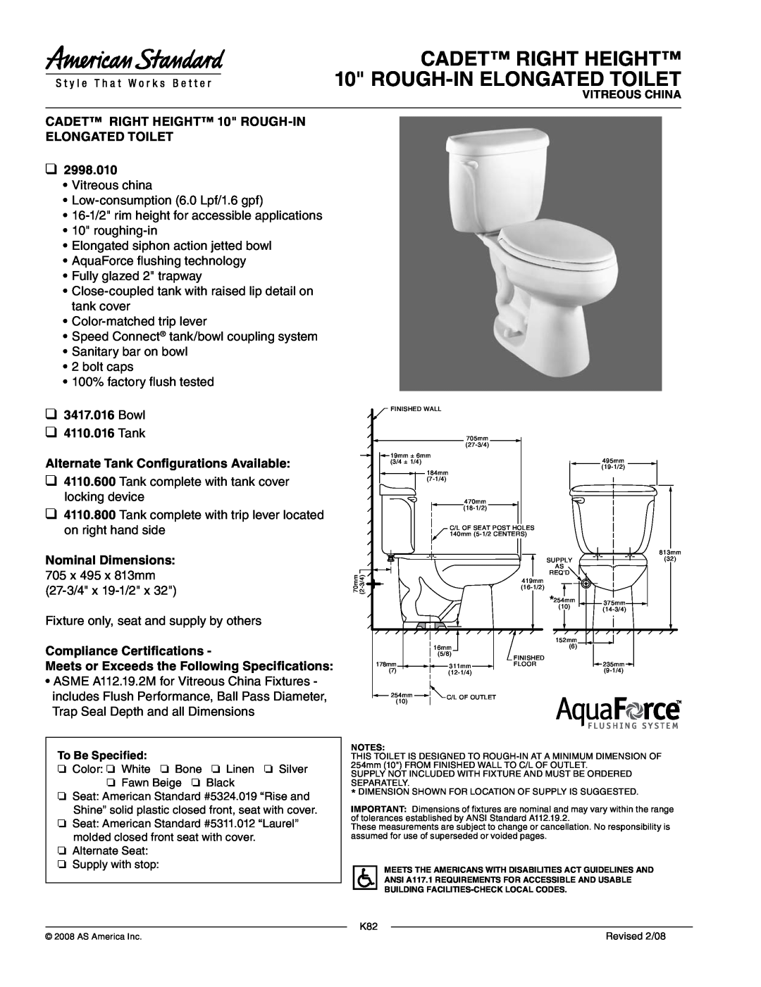 American Standard 2998.010, 3417.016 dimensions CADET RIGHT HEIGHT 10 ROUGH-INELONGATED TOILET, Bowl 4110.016 Tank 