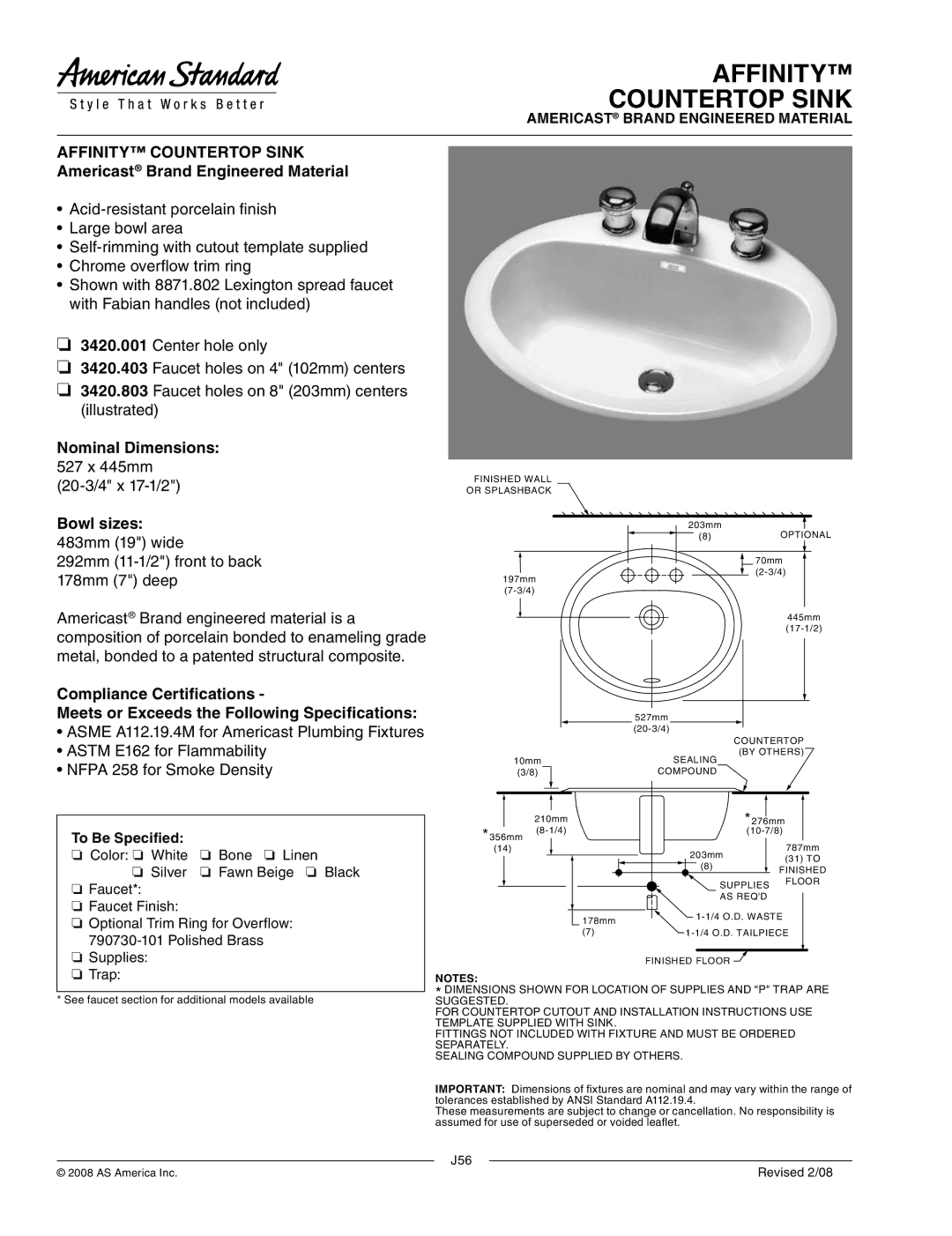 American Standard 3420.403, 3420.803 dimensions Affinity Countertop Sink, Americast Brand Engineered Material, Bowl sizes 