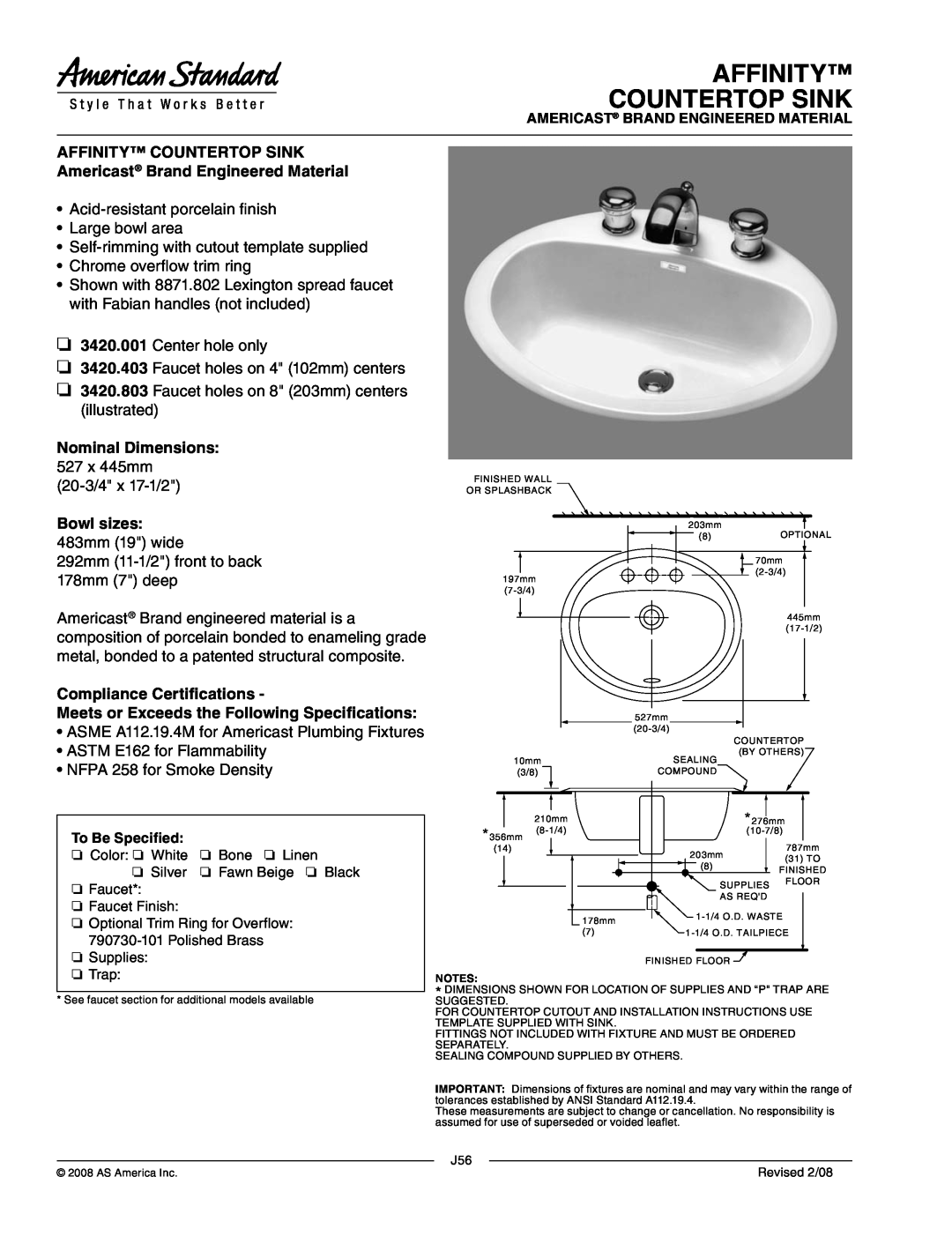 American Standard 3420.403, 3420.803 dimensions Affinity Countertop Sink, Americast Brand Engineered Material, Bowl sizes 