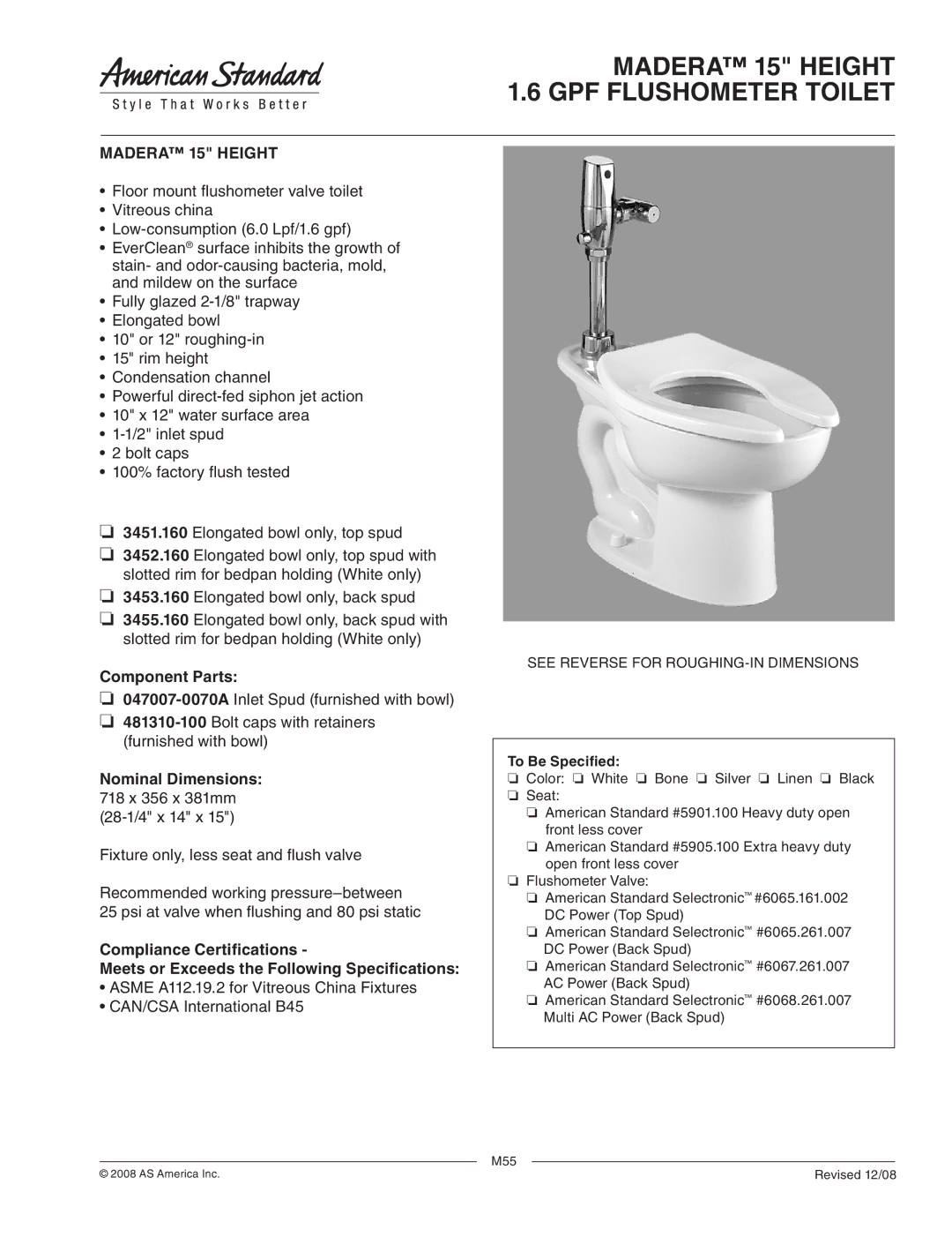 American Standard 3453.160 dimensions Madera 15 Height 1.6 GPF Flushometer Toilet, Component Parts, Nominal Dimensions 