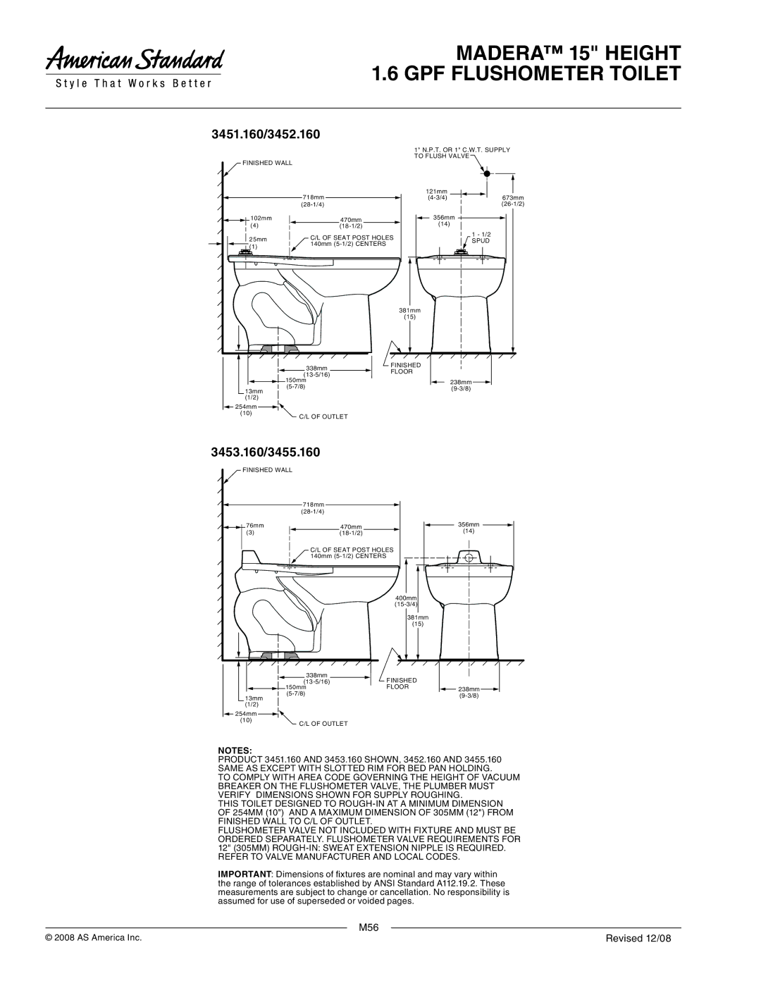 American Standard dimensions 3451.160/3452.160, 3453.160/3455.160 