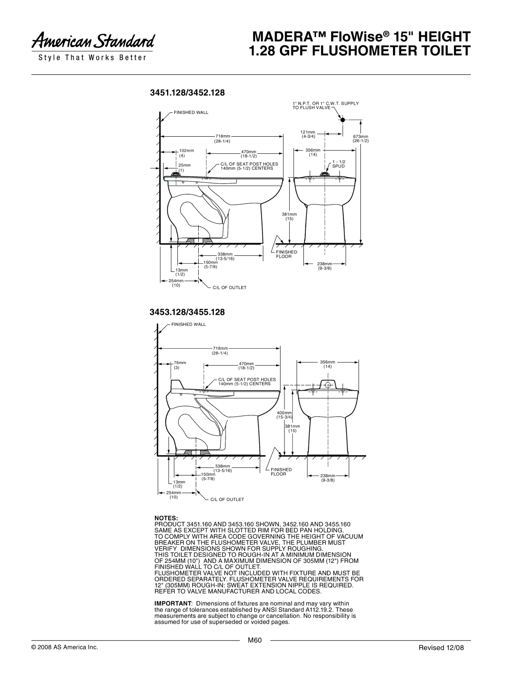 American Standard dimensions 3451.128/3452.128, 3453.128/3455.128 